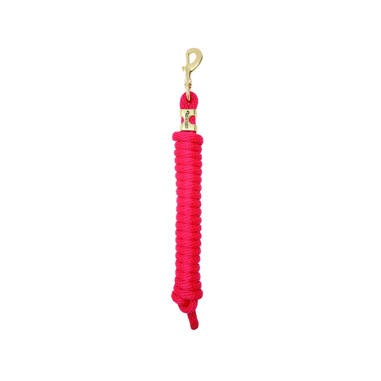 Bright neon pink Weaver Equine Performance Lead Rope for horses. This durable, braided poly rope features a solid brass snap hook and a decorative gold-toned Weaver logo ferrule. Designed for comfort and long-lasting performance in the stable or show ring, it's a stylish and essential piece of equestrian gear.