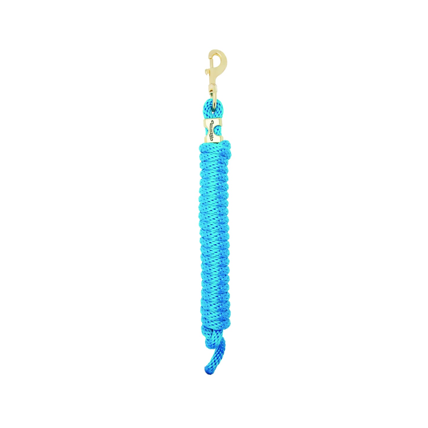 Weaver Equine Performance Lead Rope in vibrant turquoise blue, featuring a durable braided poly construction and a solid brass bolt snap. This high-quality horse lead rope offers a comfortable grip and reliable strength for daily equestrian use, training, and handling. A stylish and functional addition to your horse tack collection, perfect for horse owners looking for performance-grade gear.