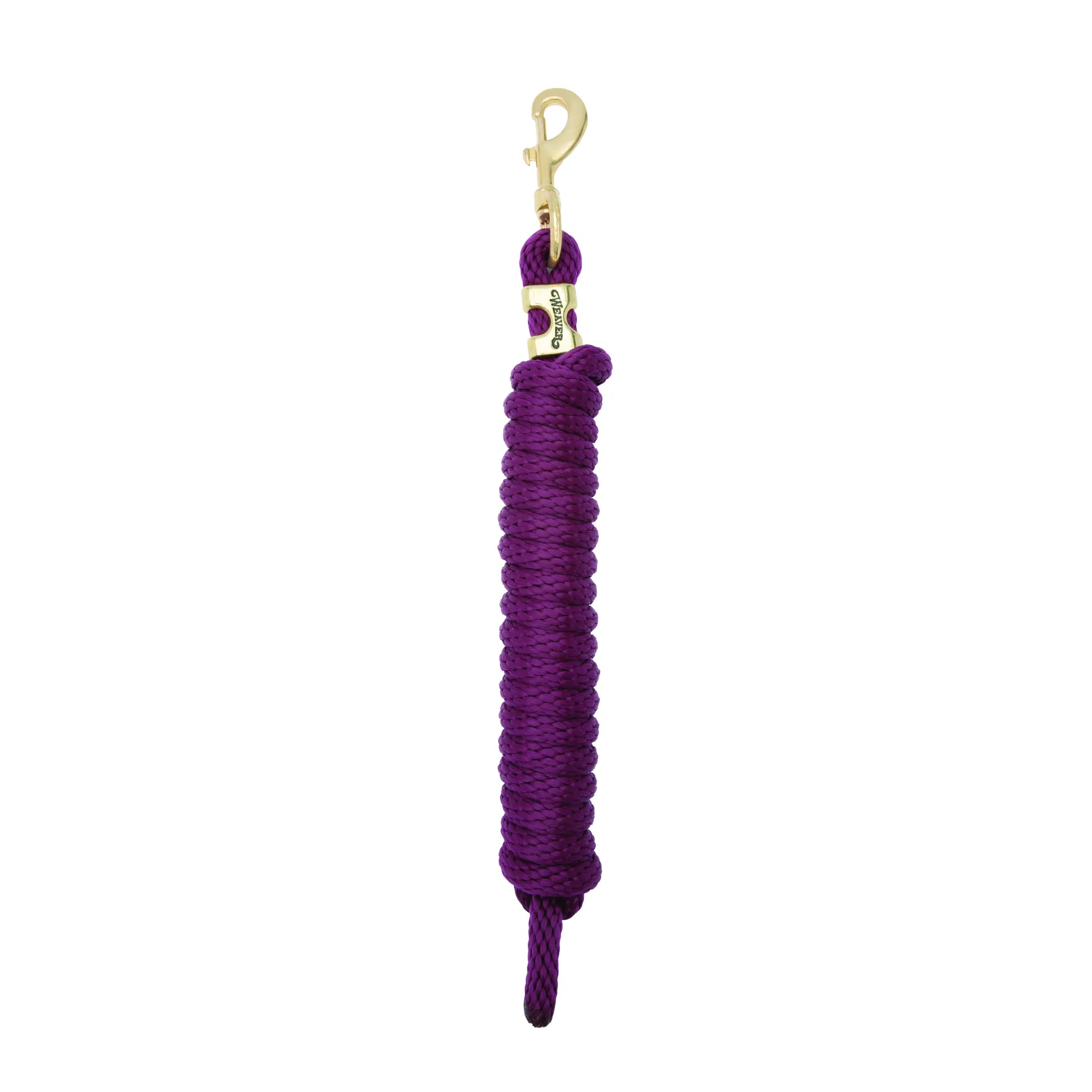 Weaver Equine Performance Lead Rope in a rich purple braided nylon. This high-quality equestrian essential features a durable brass bolt snap hook and a premium gold-toned Weaver branding band. Perfect for horse grooming, leading, and training, this lead rope combines reliability with a professional look for riders and horse owners.