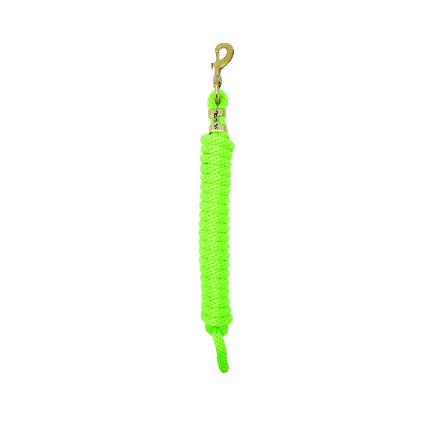 Vibrant neon green Weaver Equine Performance Lead Rope featuring a durable, high-quality braided poly rope construction for a comfortable grip. This heavy-duty horse lead rope includes a solid brass swivel snap for secure attachment and long-lasting use. Ideal for daily horse handling and training, this bright equestrian accessory combines style with professional-grade performance for any horse owner.