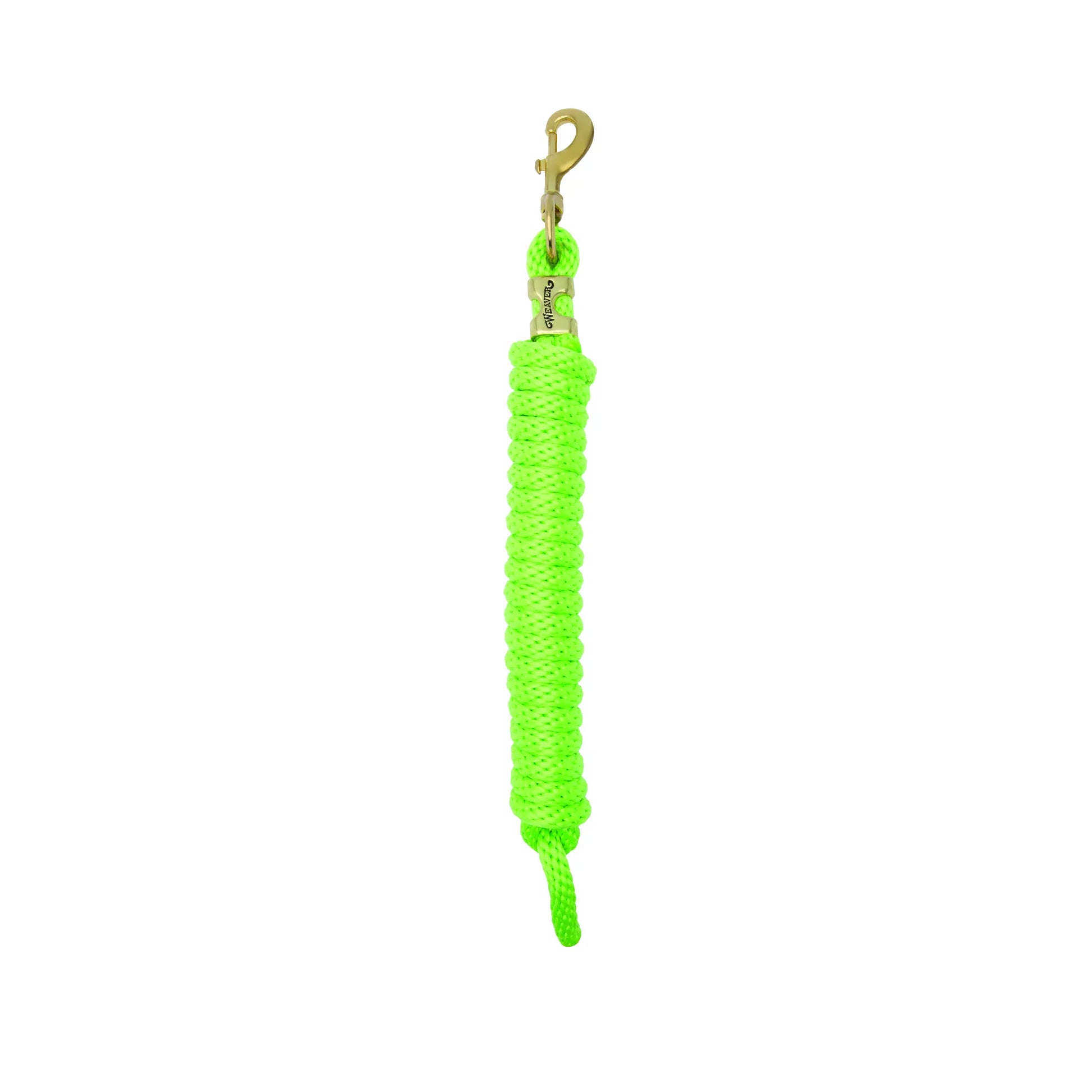 Vibrant neon green Weaver Equine Performance Lead Rope featuring a durable, high-quality braided poly rope construction for a comfortable grip. This heavy-duty horse lead rope includes a solid brass swivel snap for secure attachment and long-lasting use. Ideal for daily horse handling and training, this bright equestrian accessory combines style with professional-grade performance for any horse owner.