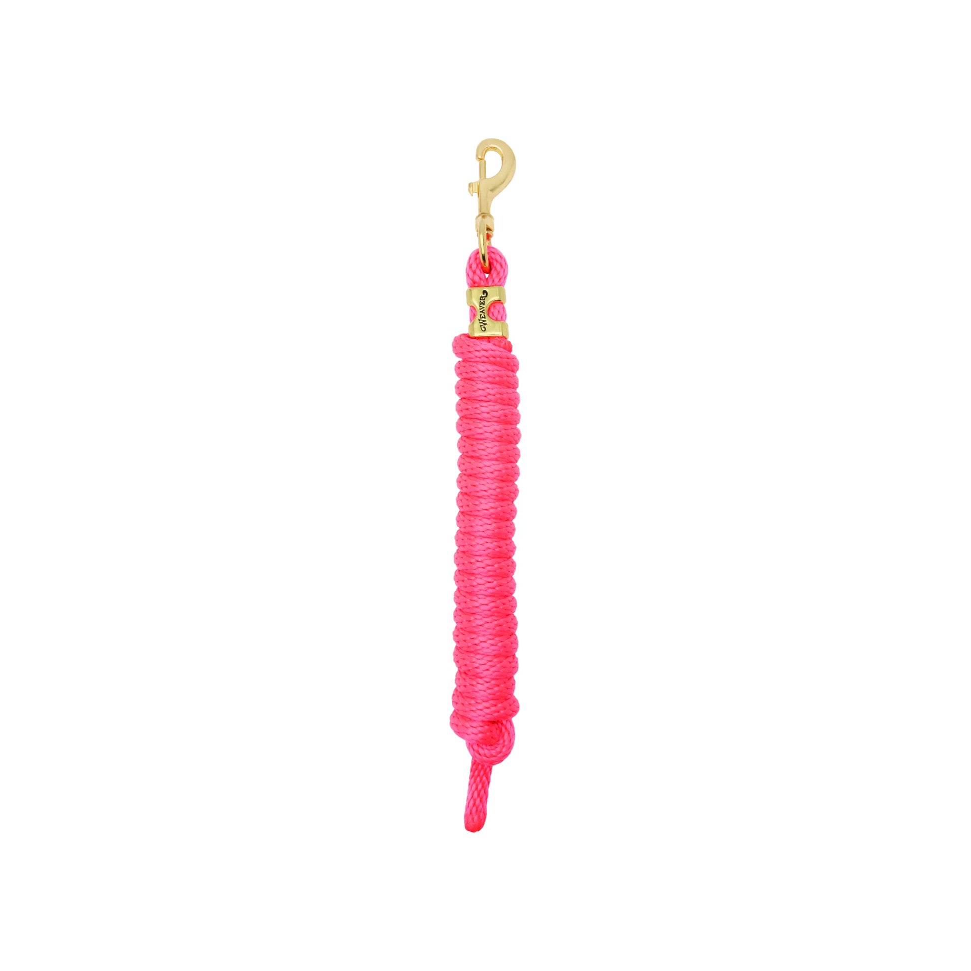 High-performance Weaver Equine lead rope in vibrant hot pink. This durable and comfortable horse lead features a sturdy solid brass bolt snap and a stylish gold-tone branded metal tag. Perfect for everyday equestrian use, horse training, and stable management.
