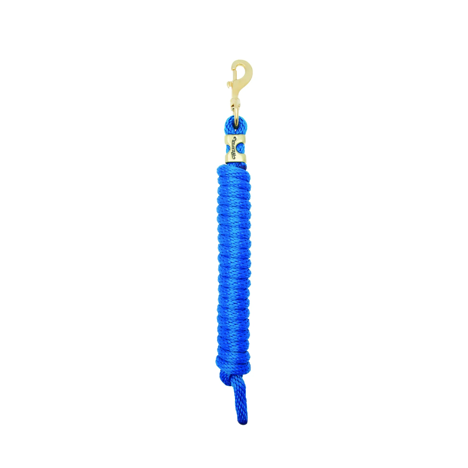 Vibrant royal blue Weaver Equine Performance Lead Rope for horses. This durable, high-quality braided poly rope features a solid brass snap hook for secure attachment and a comfortable grip for horse training or leading. Shown coiled with a stylish gold-toned Weaver brand tag, this essential piece of equestrian horse tack offers long-lasting performance and style for daily stable use or competitive horse shows.