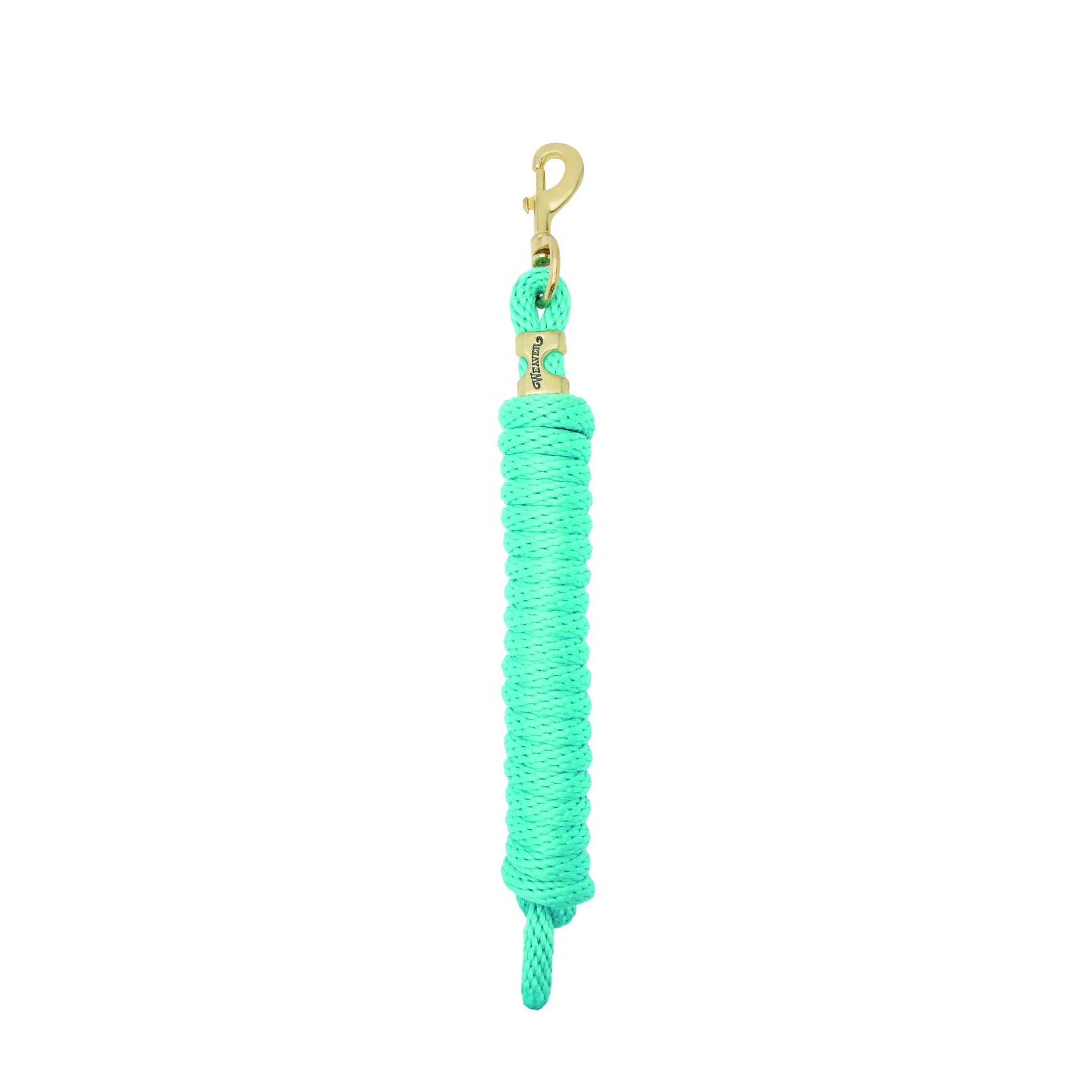 Mint green Weaver Equine Performance Lead Rope featuring a durable, comfortable braided design. This high-quality horse lead rope includes a solid brass bolt snap and a gold-colored Weaver brand tag for a touch of style. An essential piece of equestrian gear for daily horse care, turnout, and training, combining reliability and comfort for horse owners and riders.
