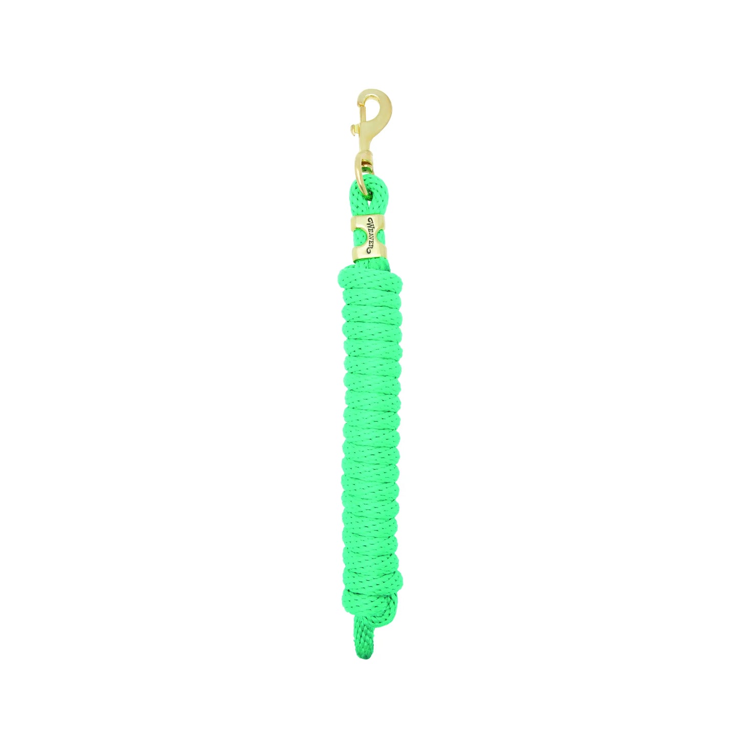 Weaver Equine Performance Lead Rope in vibrant neon green featuring a durable braided nylon construction and a heavy-duty gold brass snap hook. This high-quality horse lead rope is designed for comfort and control, making it an essential piece of equestrian gear for training and daily handling. Stylish and functional tack for horse owners, finished with an elegant gold-toned brand band.