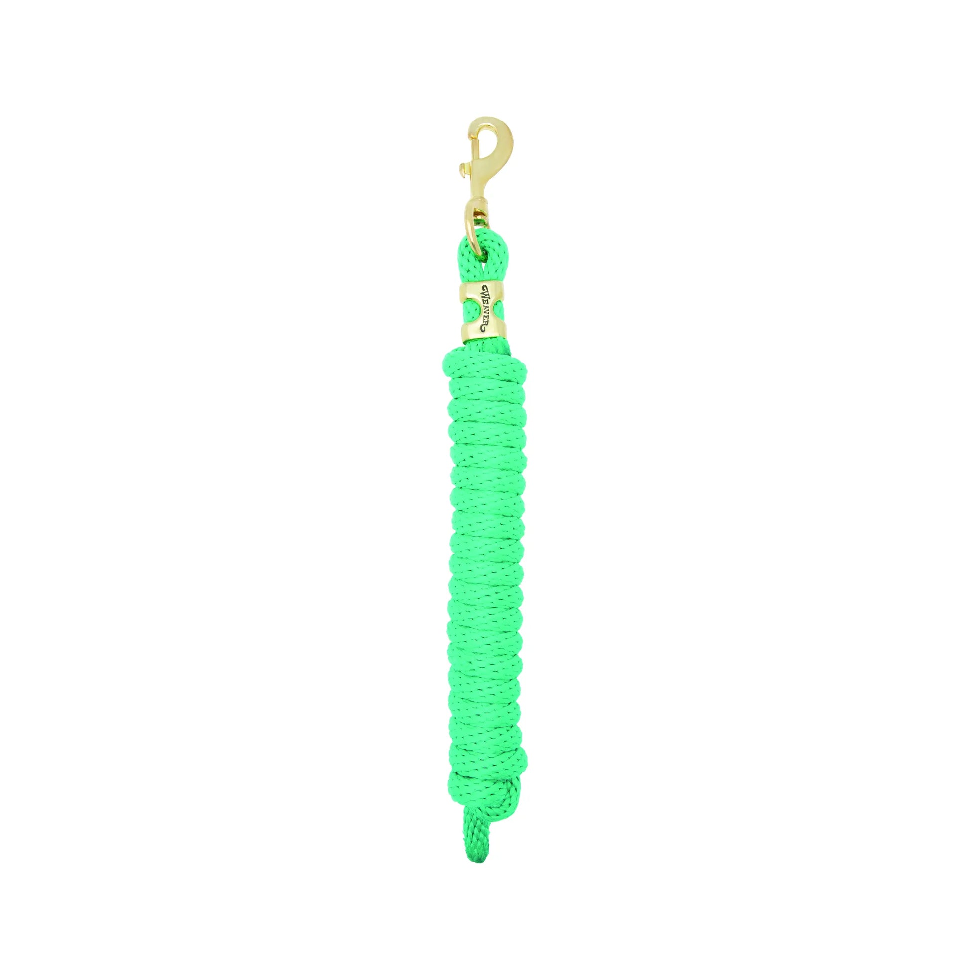 Weaver Equine Performance Lead Rope in vibrant neon green featuring a durable braided nylon construction and a heavy-duty gold brass snap hook. This high-quality horse lead rope is designed for comfort and control, making it an essential piece of equestrian gear for training and daily handling. Stylish and functional tack for horse owners, finished with an elegant gold-toned brand band.