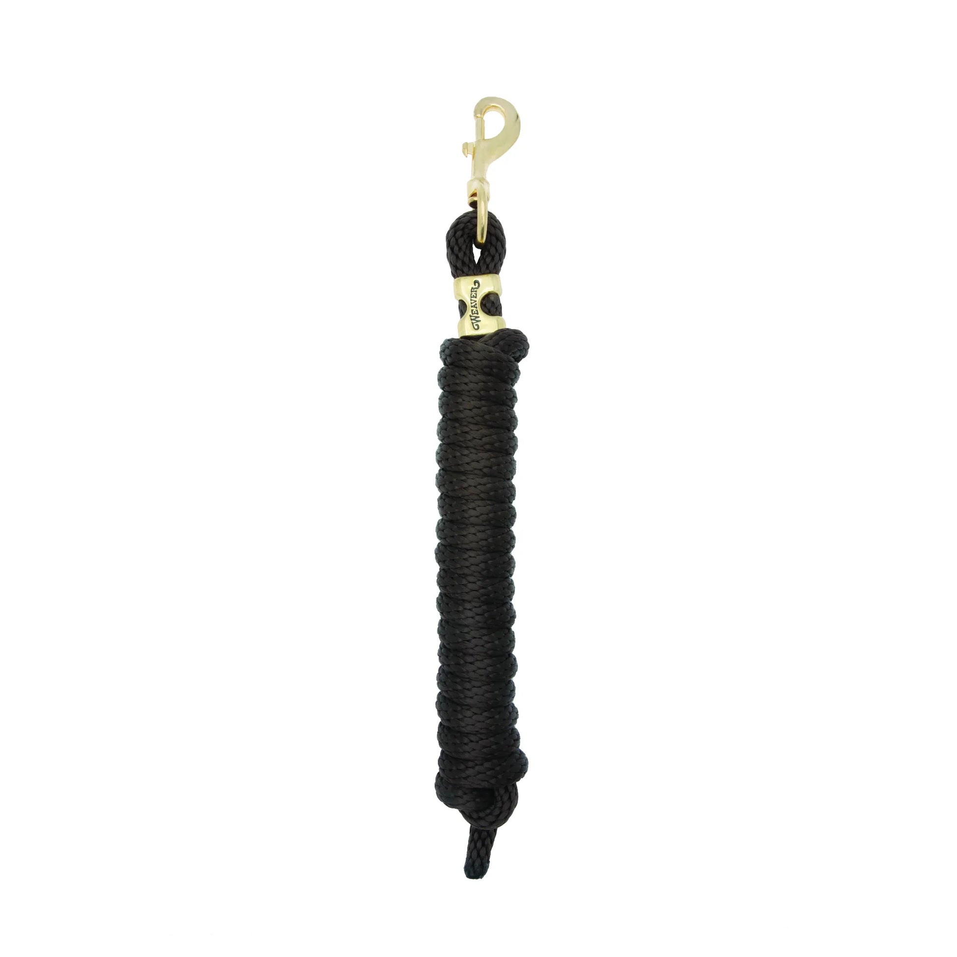 Weaver Equine Performance Lead Rope in classic black, featuring a soft and durable braided design for a comfortable grip. This high-quality horse lead rope is equipped with a sturdy solid brass bolt snap and an elegant gold-toned Weaver logo plate. Designed for reliable performance in the barn or at horse shows, it’s a professional-grade essential for any equestrian’s gear collection.