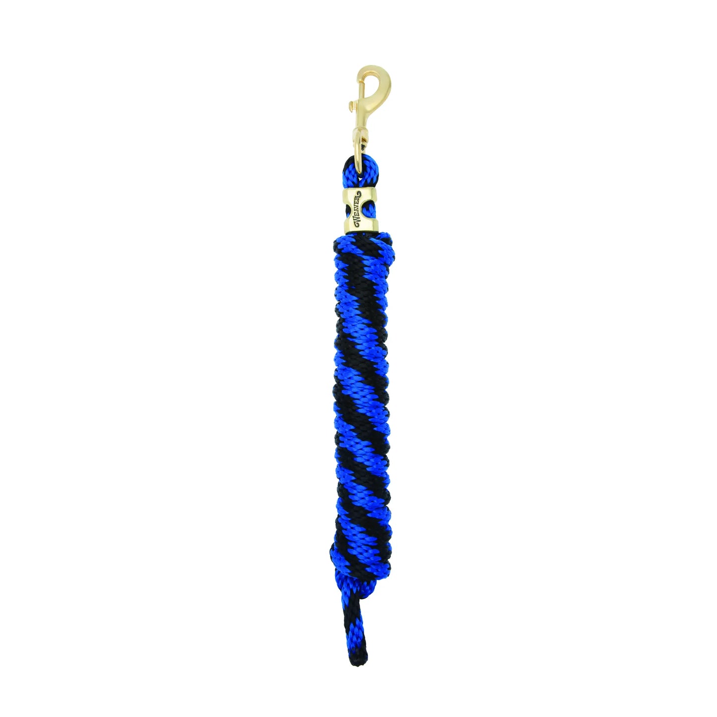 Weaver Equine Performance Lead Rope in a vibrant blue and black braided spiral. This durable horse lead rope features high-quality construction and a solid brass-finished snap hook for secure handling. Ideal for equestrian use, training, and daily horse care, combining a comfortable grip with professional-grade performance.