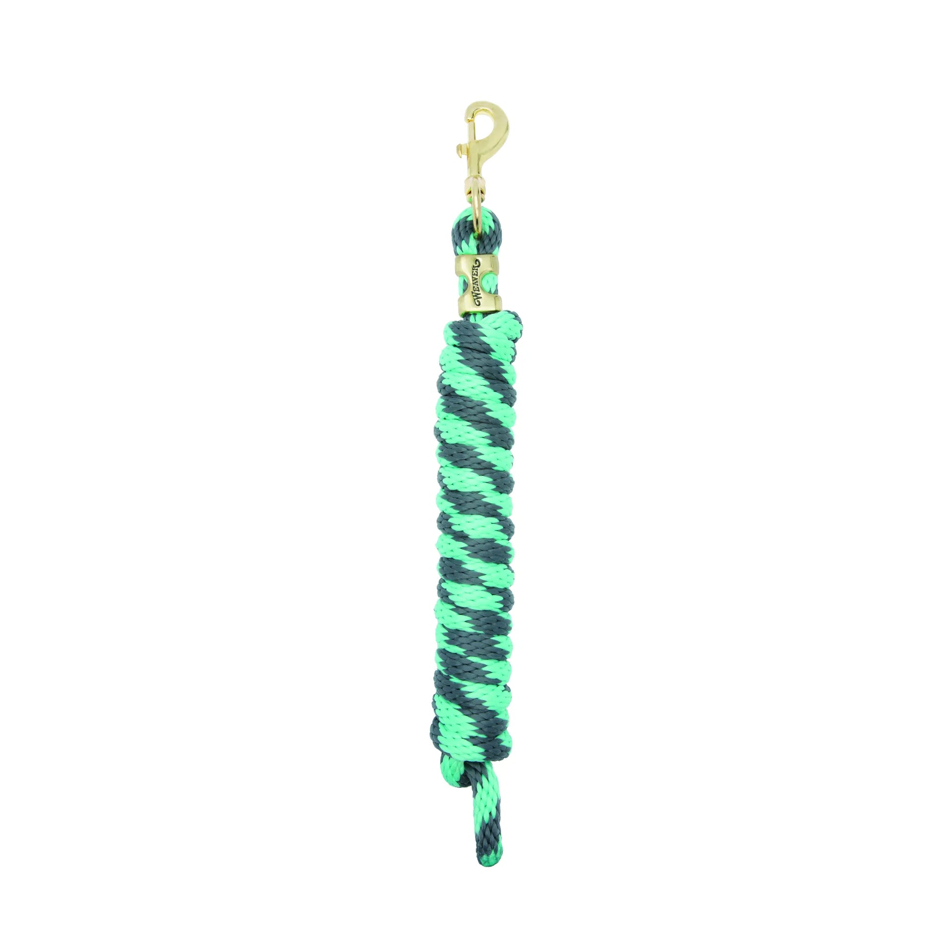 Weaver Equine Performance Lead Rope in vibrant neon green and charcoal grey. This durable horse lead rope features a thick, braided construction for a comfortable grip and a heavy-duty solid brass snap hook. Perfect for horse training and daily barn use, this high-quality equestrian accessory combines bold style with performance, featuring a signature Weaver branded brass ferrule.