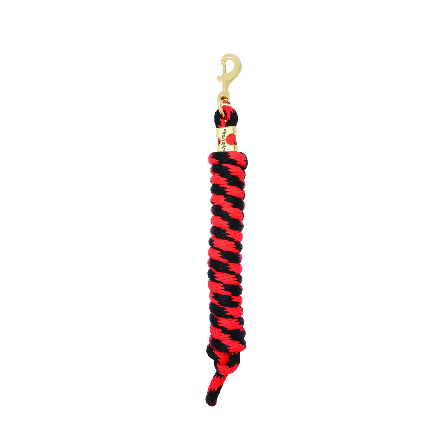Weaver Equine Performance Lead Rope in a striking red and black braided design. This high-quality horse lead features durable gold-toned bolt snap hardware and a branded Weaver collar. Ideal for training and everyday use, this comfortable equine lead rope offers both style and performance for horse owners and equestrians. Professional-grade horse tack for reliable handling.