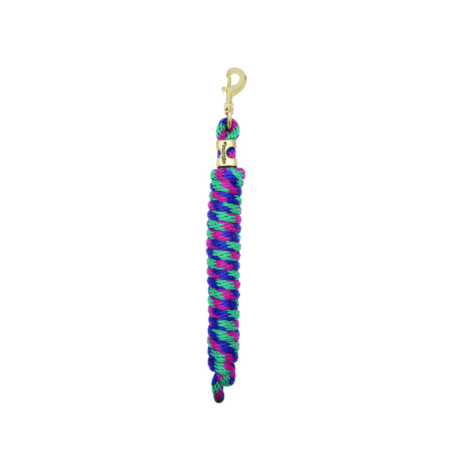 Vibrant Weaver Equine Performance Lead Rope in a stylish teal, purple, and pink braided pattern. Crafted for durability and comfort, this horse lead rope features a heavy-duty brass-plated snap and a thick, easy-to-grip design. A high-quality, eye-catching equestrian essential perfect for daily horse handling and training.