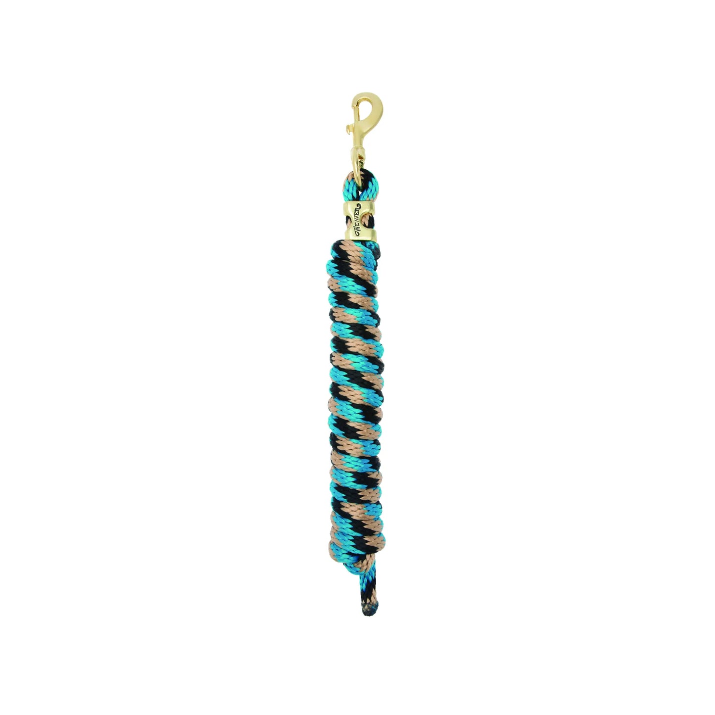 Weaver Equine Performance Lead Rope featuring a stylish turquoise, black, and tan braided pattern. This durable horse lead rope is equipped with a heavy-duty solid brass bull snap for secure attachment and a comfortable grip. Perfect for daily horse handling, training, and equestrian use, combining professional performance with high-quality materials.