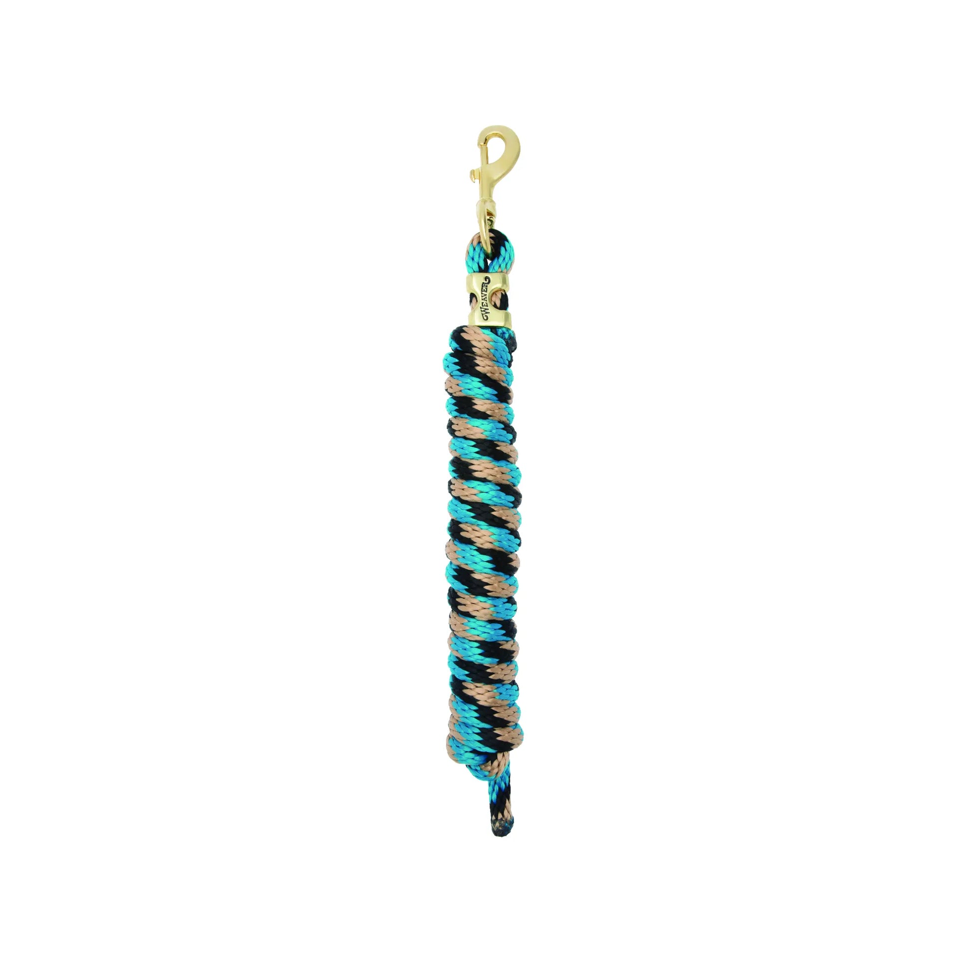 Weaver Equine Performance Lead Rope featuring a stylish turquoise, black, and tan braided pattern. This durable horse lead rope is equipped with a heavy-duty solid brass bull snap for secure attachment and a comfortable grip. Perfect for daily horse handling, training, and equestrian use, combining professional performance with high-quality materials.