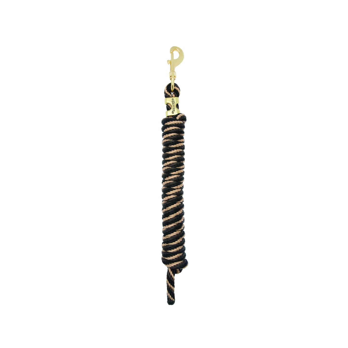 Weaver Equine Performance Lead Rope featuring a durable black and tan twisted rope design. This professional horse lead includes a high-quality solid brass bolt snap for secure attachment and a signature Weaver brand tag. Ideal for equestrian training and daily horse handling, this lead offers both comfort and long-lasting strength. Perfect for horse owners seeking reliable and stylish horse tack.