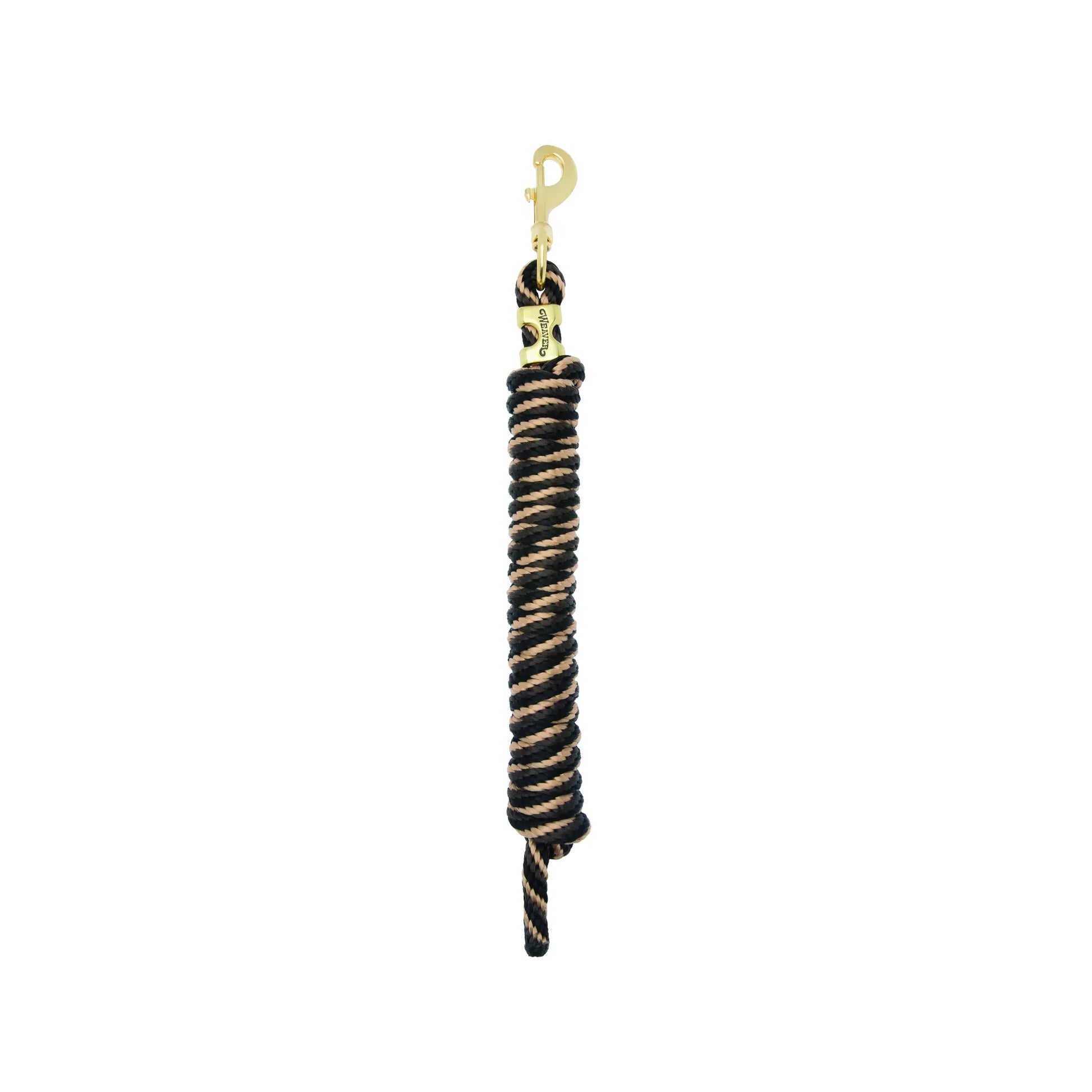 Weaver Equine Performance Lead Rope featuring a durable black and tan twisted rope design. This professional horse lead includes a high-quality solid brass bolt snap for secure attachment and a signature Weaver brand tag. Ideal for equestrian training and daily horse handling, this lead offers both comfort and long-lasting strength. Perfect for horse owners seeking reliable and stylish horse tack.