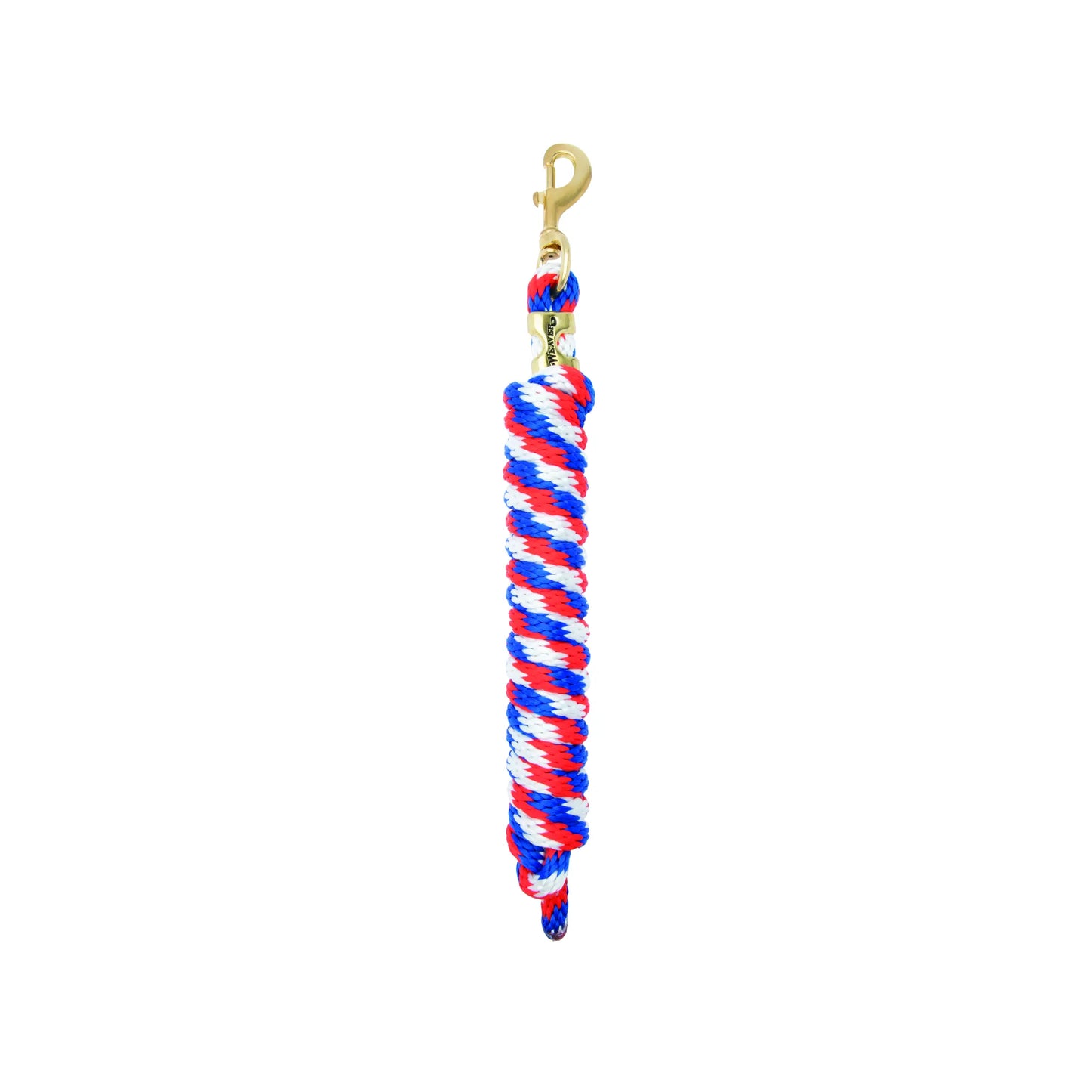 Weaver Equine Performance Lead Rope featuring a vibrant red, white, and blue patriotic braided poly design. This durable horse lead rope includes a high-quality brass-plated bolt snap for secure attachment and a comfortable grip. Ideal for training, leading, and everyday horse care, this stylish tack essential combines strength and performance for equestrian enthusiasts.
