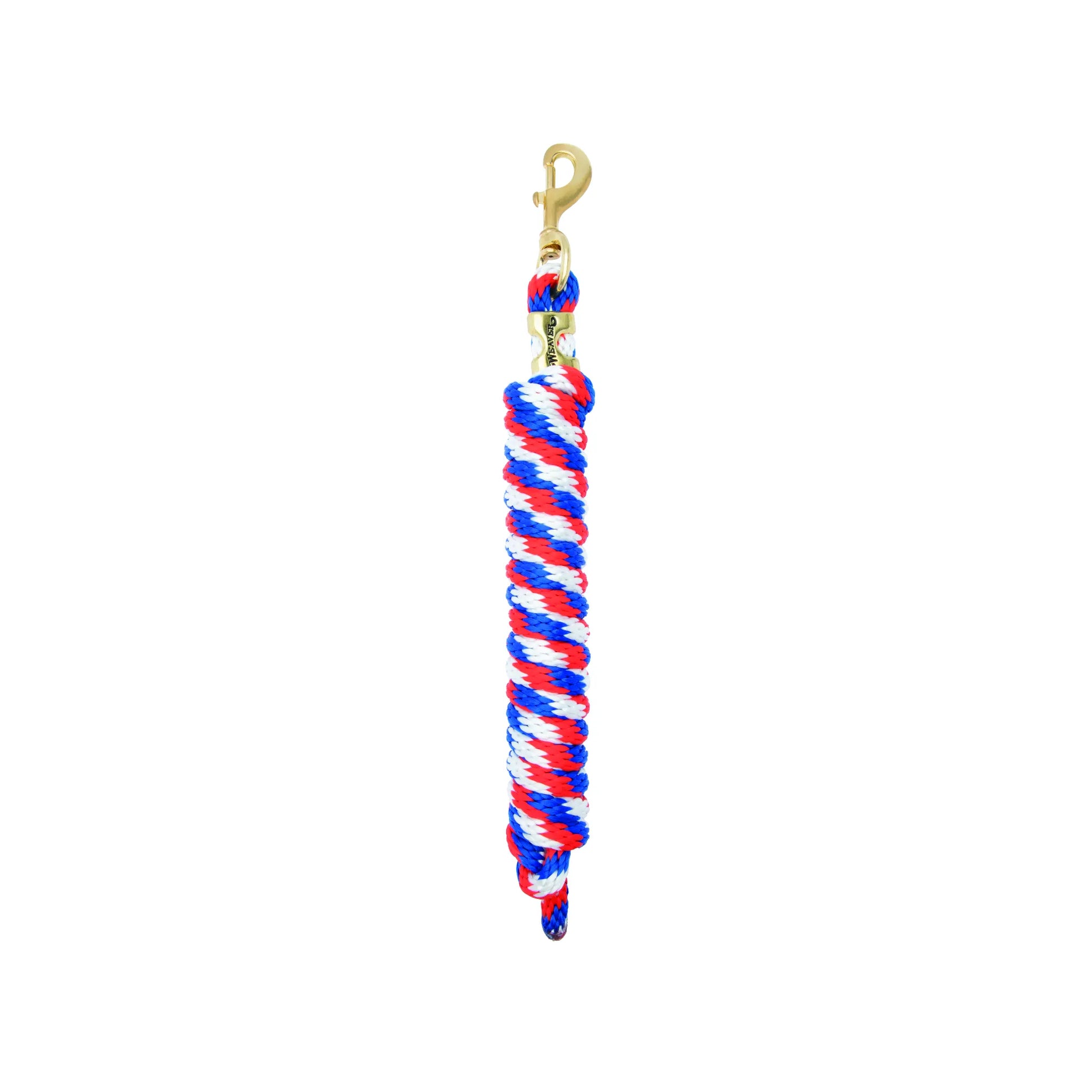 Weaver Equine Performance Lead Rope featuring a vibrant red, white, and blue patriotic braided poly design. This durable horse lead rope includes a high-quality brass-plated bolt snap for secure attachment and a comfortable grip. Ideal for training, leading, and everyday horse care, this stylish tack essential combines strength and performance for equestrian enthusiasts.