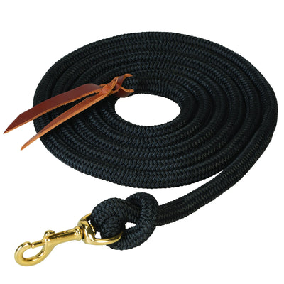 Weaver Equine Performance Lead Rope in black, featuring a long, soft-braided rope for a comfortable grip. This durable horse lead rope includes a heavy-duty brass-plated swivel snap for quick halter attachment and a classic brown leather popper at the end. Neatly coiled for a professional look, this essential barn horse tack is perfect for daily training, ground work, and showing.
