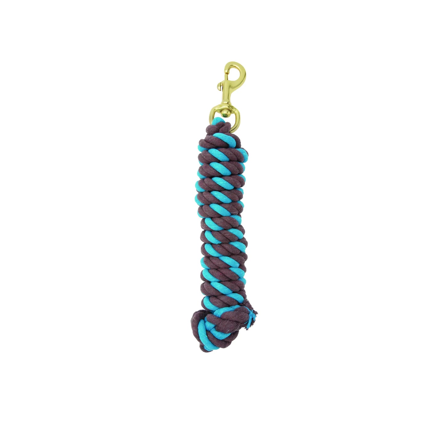 Weaver Equine Performance Lead Rope featuring a stylish two-tone burgundy and turquoise twisted cotton design. This soft-grip horse lead includes a heavy-duty solid brass swivel snap for secure attachment to halters. Durable and comfortable, it's a premium equestrian essential perfect for horse grooming, leading, and everyday barn use.