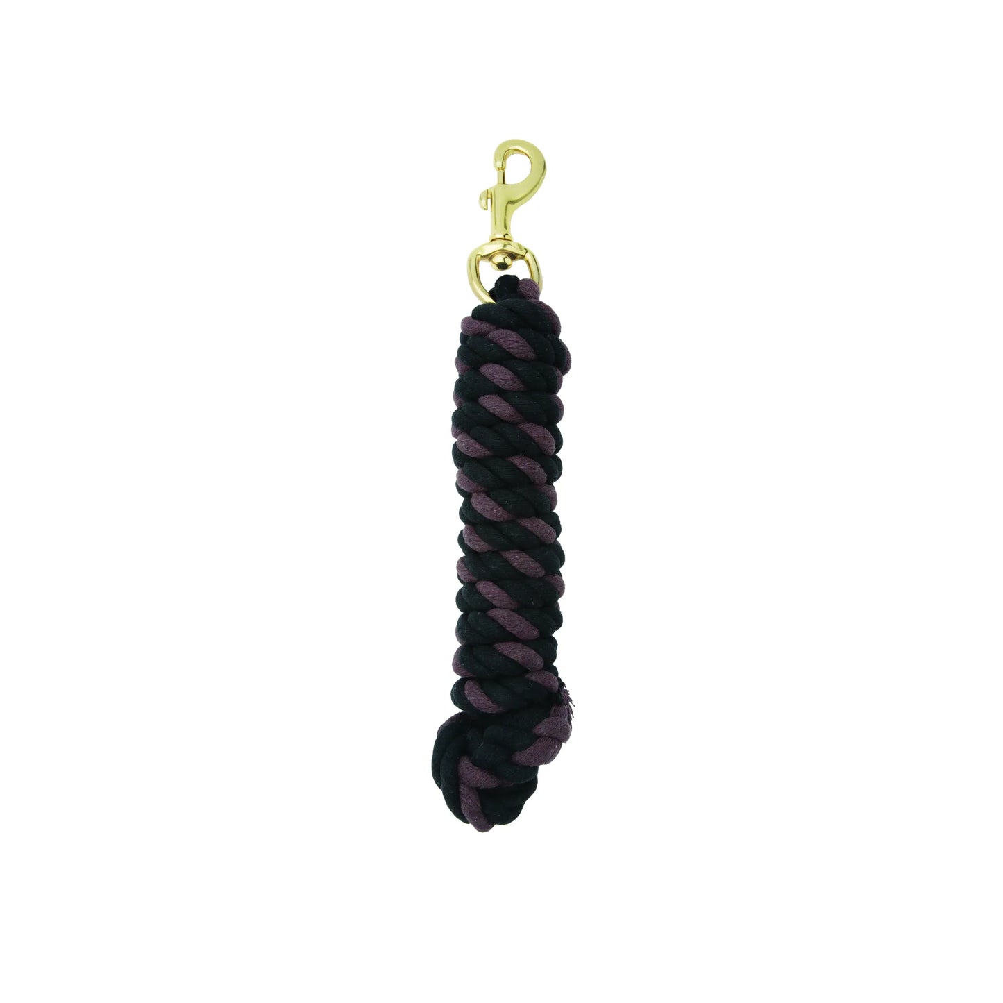 Weaver Equine Performance Lead Rope featuring a black and dark purple braided design. This soft-grip horse lead includes a heavy-duty gold-toned brass swivel snap for secure attachment. Ideal for equestrian training and everyday barn use, this durable lead rope offers comfort and style for horse and handler.