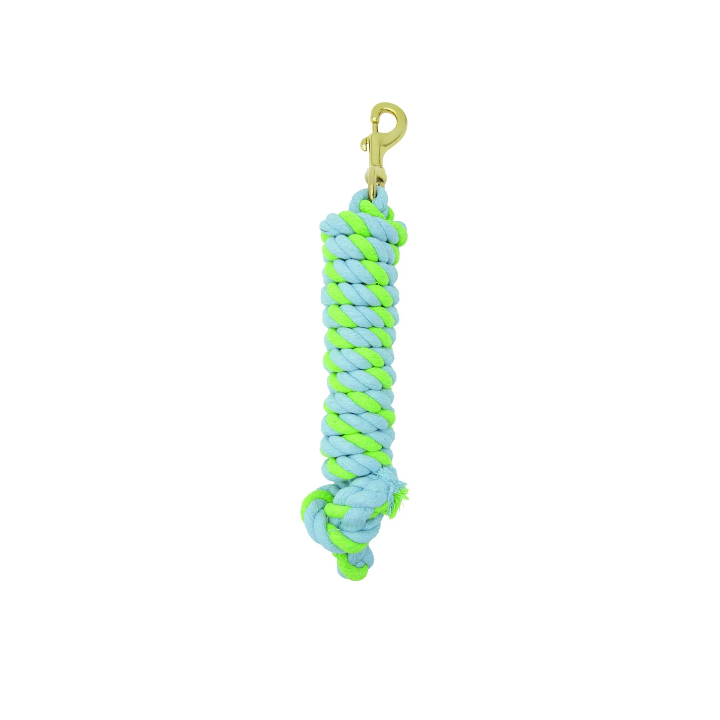 Weaver Equine Performance Lead Rope featuring a vibrant light blue and lime green braided soft-grip design. This durable horse lead includes a high-quality solid brass bolt snap for secure attachment and a knotted end for a comfortable hold. Perfect for daily horse handling, grooming, and training, this equestrian accessory combines style and functionality.