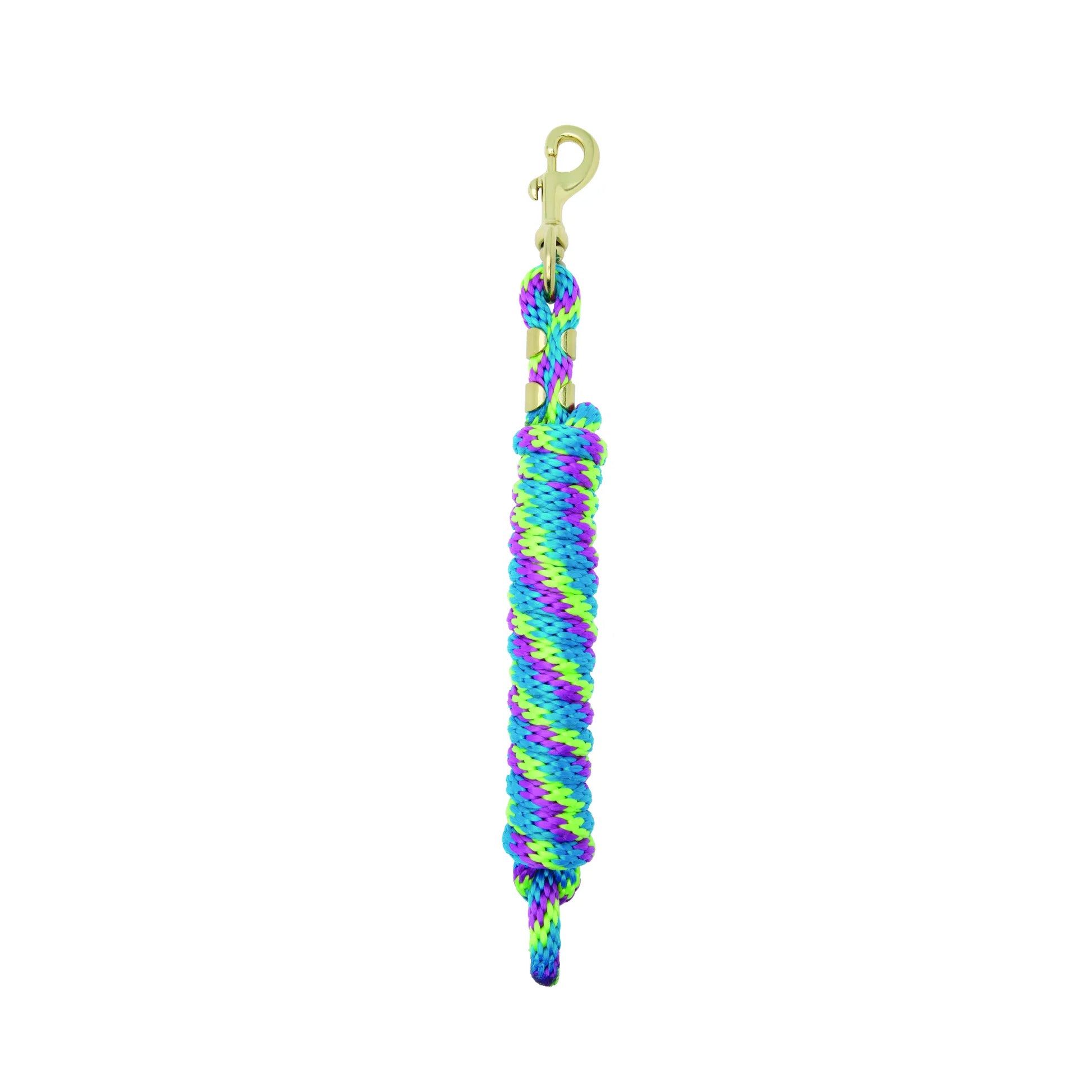 Weaver Equine Performance Lead Rope in a vibrant purple, blue, and lime green braided pattern. This 8-foot horse lead features a soft comfort grip and a durable brass-colored quick halter attachment snap. Perfect for horse owners seeking stylish and high-quality equestrian gear, this durable braided rope is ideal for daily leading and training. Add a pop of neon color to your horse tack collection with this performance lead.