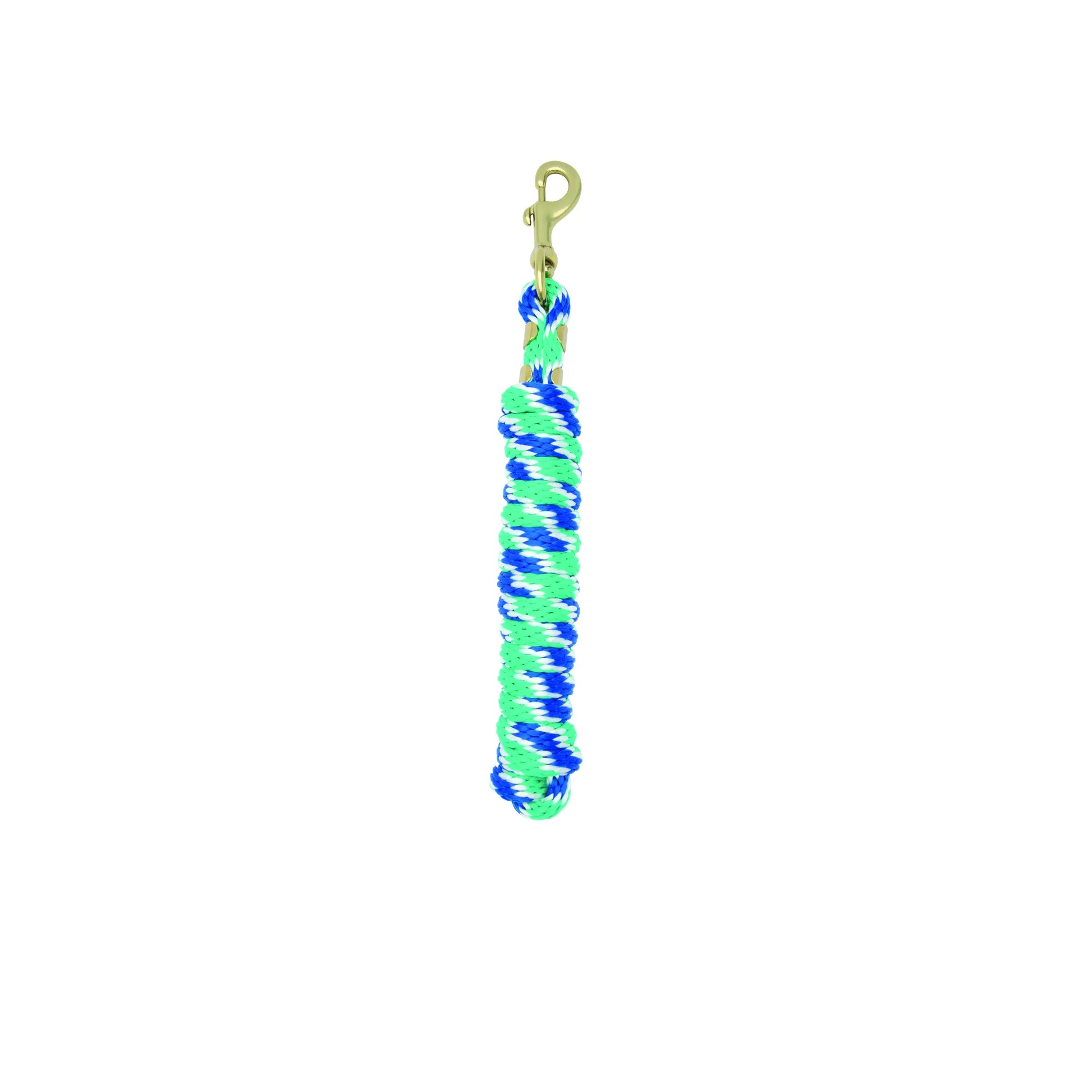 Weaver Equine Performance Lead Rope in a vibrant lime green, blue, and white braided pattern. This 8-foot horse lead features a soft comfort grip for easy handling and a durable brass quick halter attachment snap. A stylish and functional piece of horse tack, perfect for leading, grooming, and training. Ideal for equestrians looking for high-quality, dependable horse gear.
