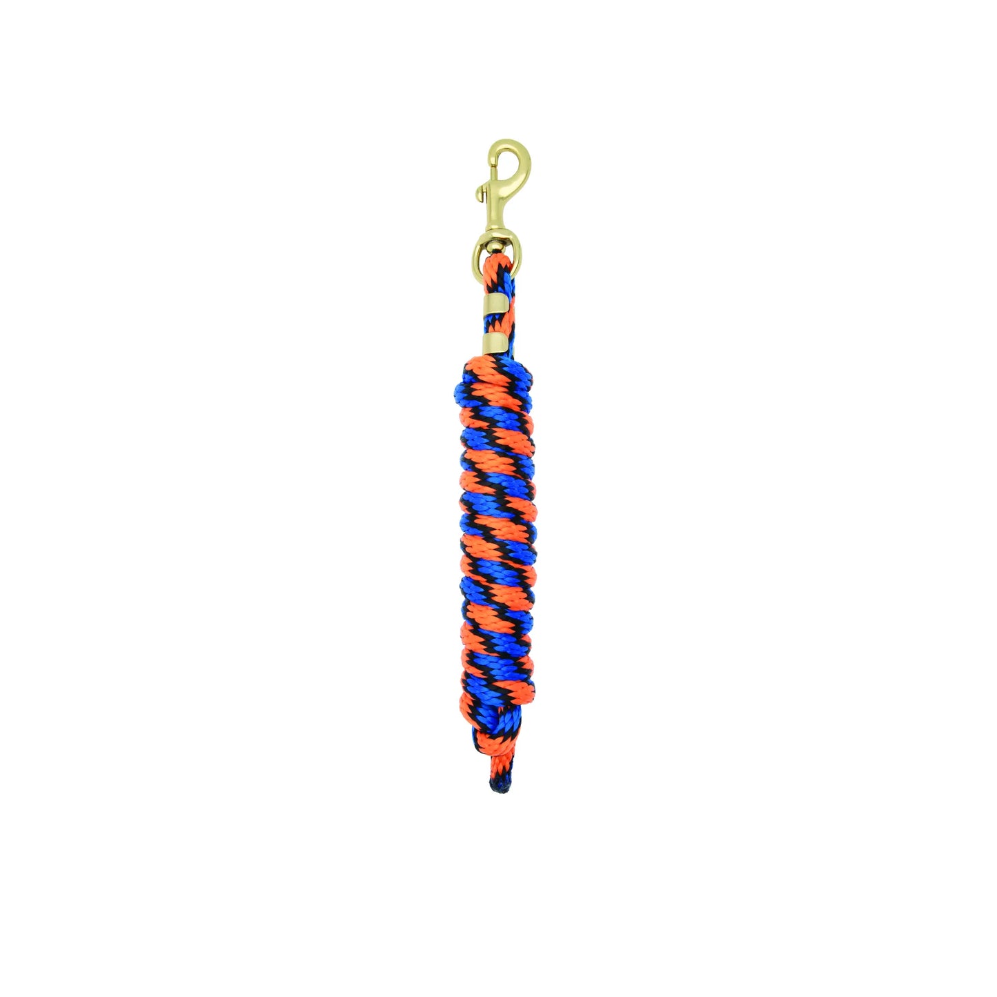 Weaver Equine Performance 8' Lead Rope featuring a vibrant blue, orange, and black braided pattern with a soft comfort grip. This durable horse lead includes a high-quality gold-tone quick halter attachment snap, perfect for equestrian training, grooming, and daily barn use. Stylish and functional horse tack for any rider.