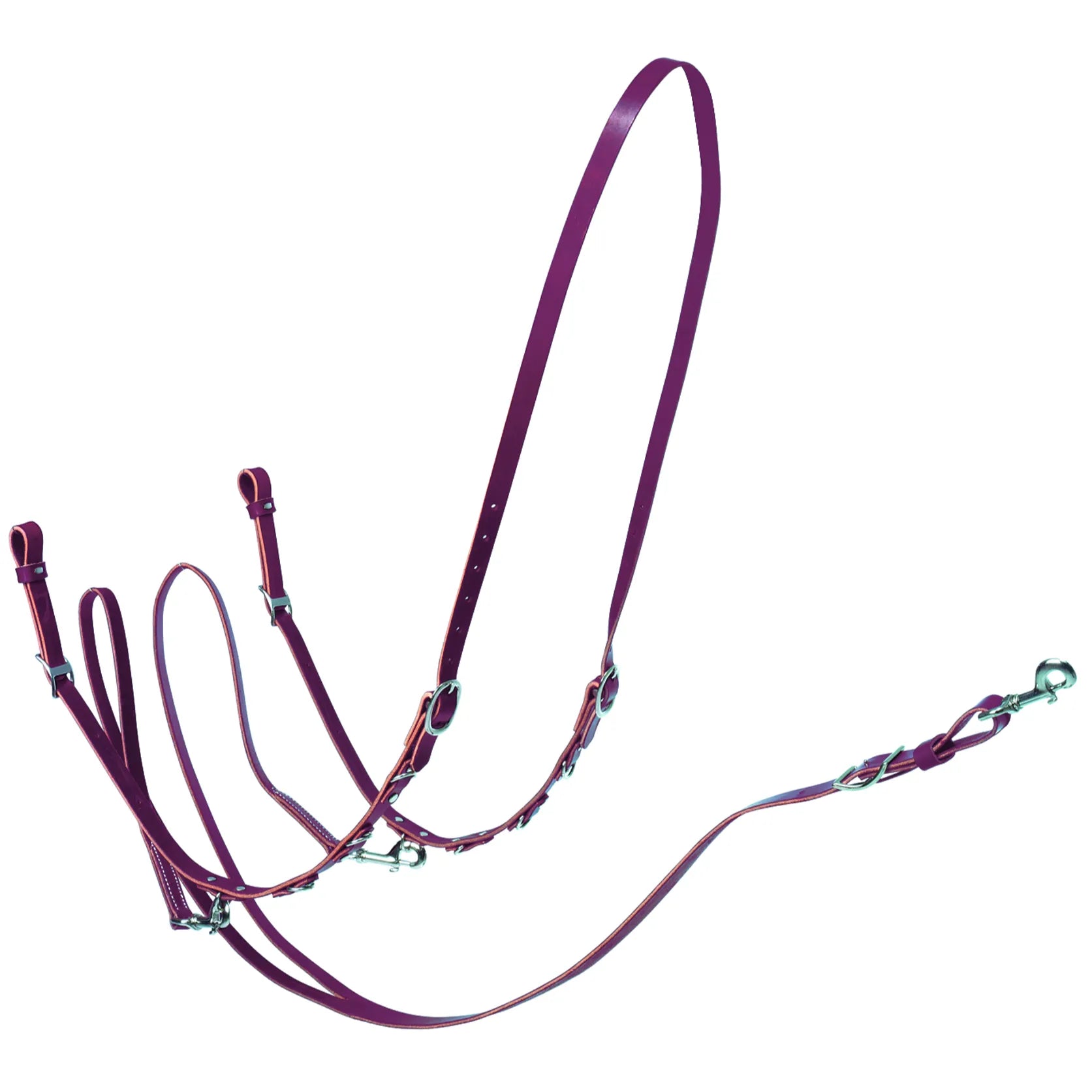 Weaver Equine Roper Barrel Style German Martingale in rich burgundy latigo leather. This professional horse training aid features adjustable neck straps and durable reins with snap ends and metal rings for superior control and flexion. Crafted from high-quality, soft latigo leather, it’s a must-have piece of equestrian tack for barrel racers and ropers looking for performance and classic style.