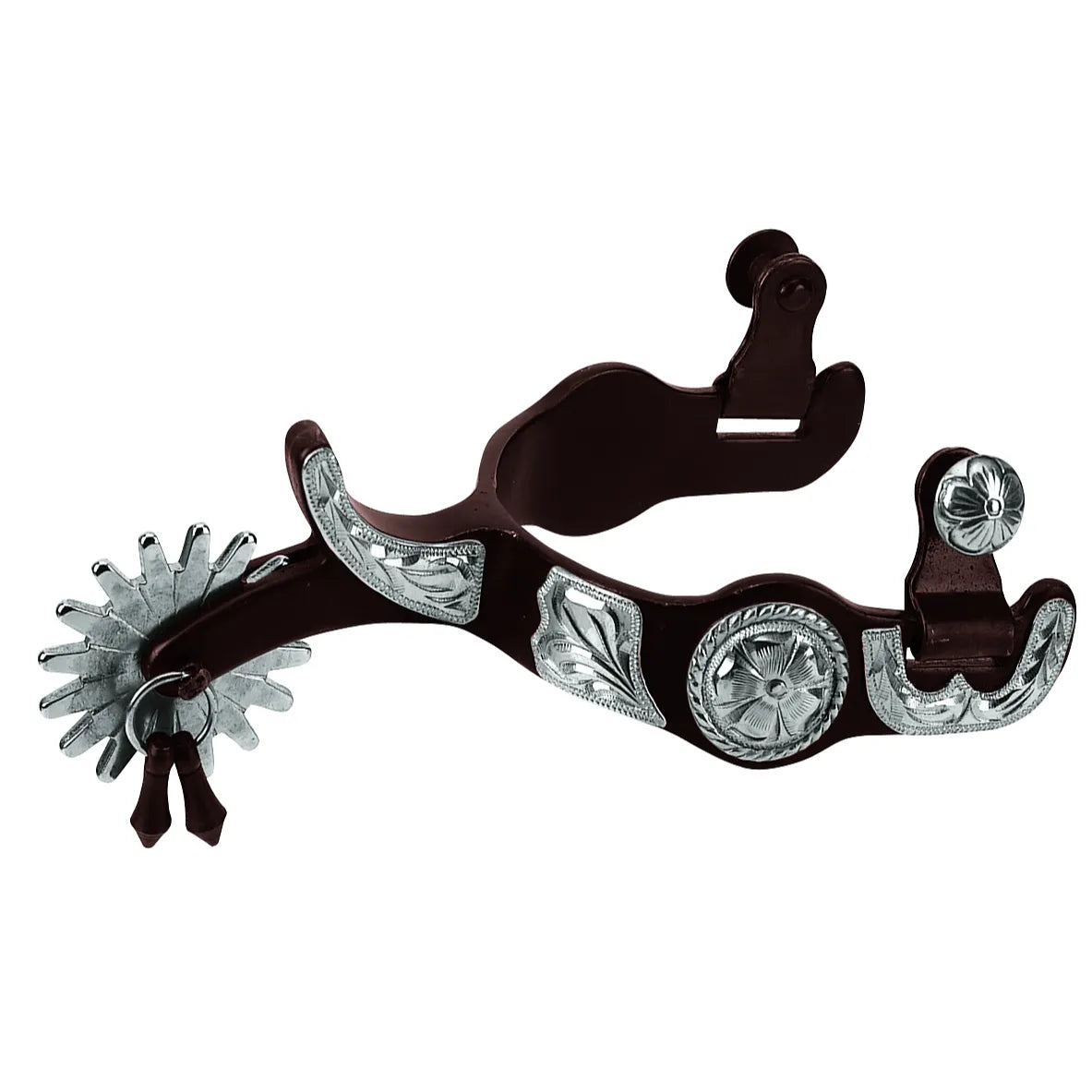 Weaver Equine Show Spurs featuring a dark finish with hand-engraved German silver overlays. These western performance spurs showcase intricate floral scrollwork on the band and shank, complete with a multi-point star rowel and classic jingle bobs. Perfect for the horse show ring, these elegant equestrian accessories combine professional performance with timeless western style. Ideal for riders seeking high-quality, decorative western horse show equipment.