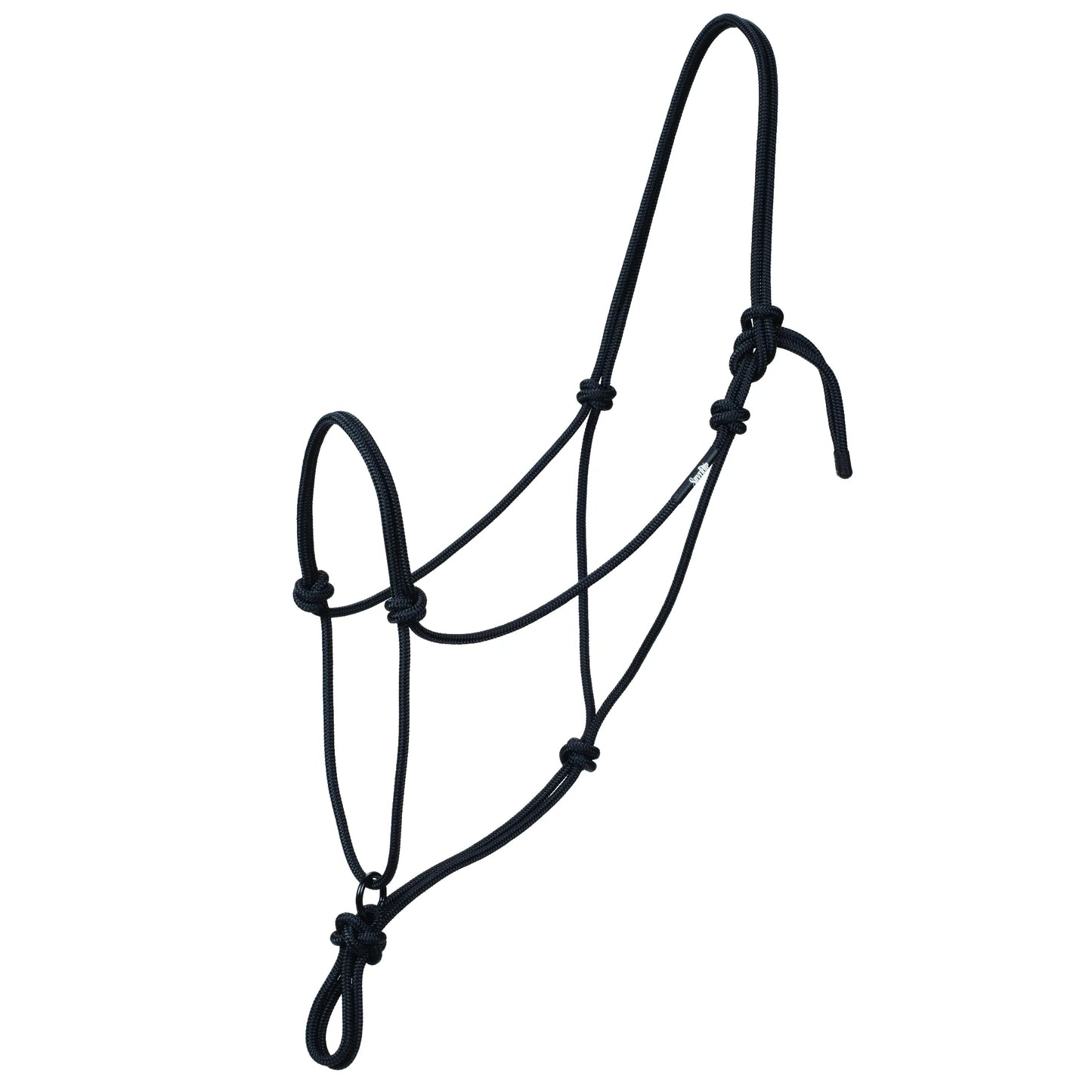 Black Weaver Equine Silvertip Transition Rope Halter featuring a sliding metal ring for enhanced communication and training response. This professional-grade horse halter is hand-tied with durable rope, including precision knots and an adjustable crown piece. Ideal for groundwork and horse training, this high-quality equestrian tack provides clear signals and reliable control, making it an essential piece of equipment for horse owners and trainers.