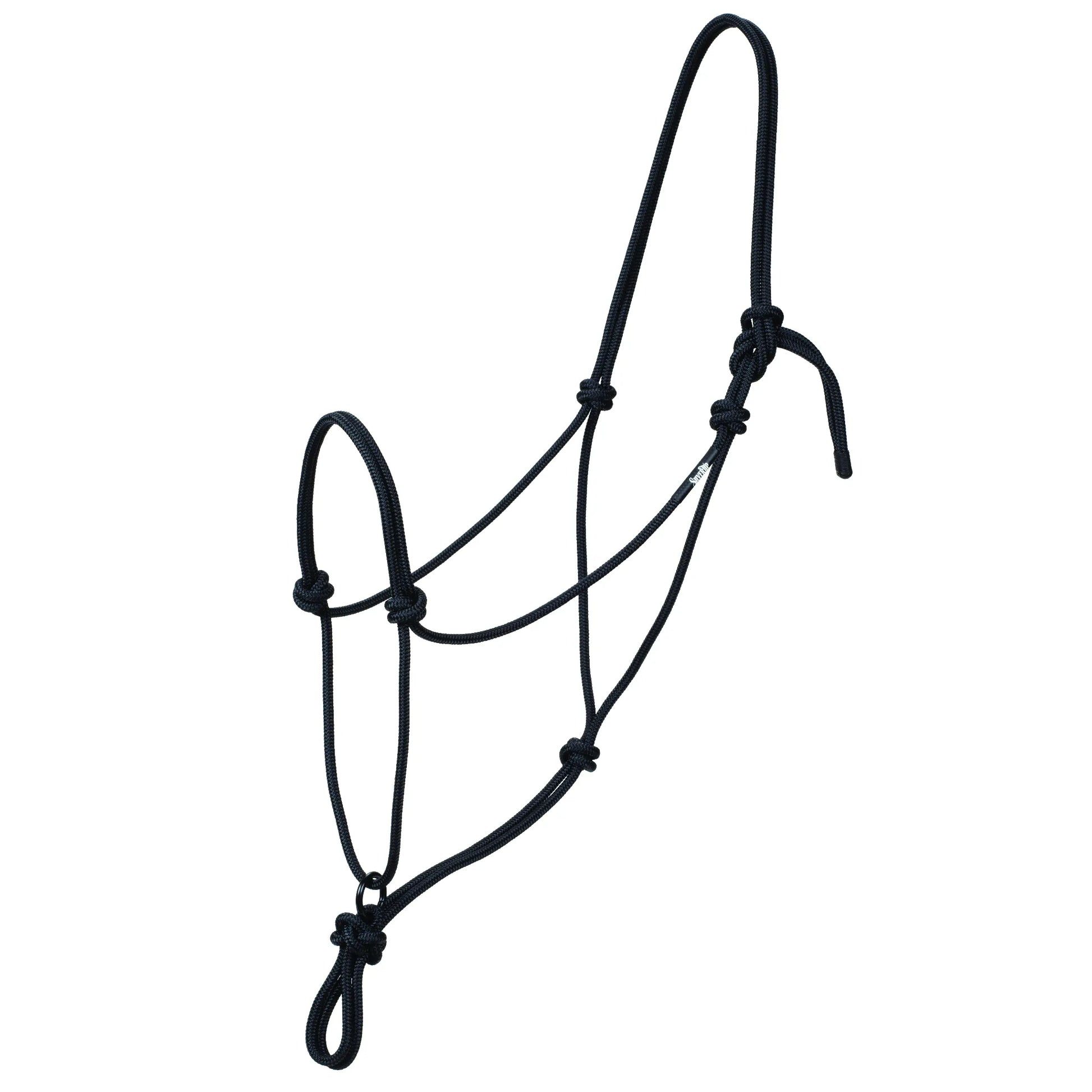 Black Weaver Equine Silvertip Transition Rope Halter featuring a sliding metal ring for enhanced communication and training response. This professional-grade horse halter is hand-tied with durable rope, including precision knots and an adjustable crown piece. Ideal for groundwork and horse training, this high-quality equestrian tack provides clear signals and reliable control, making it an essential piece of equipment for horse owners and trainers.