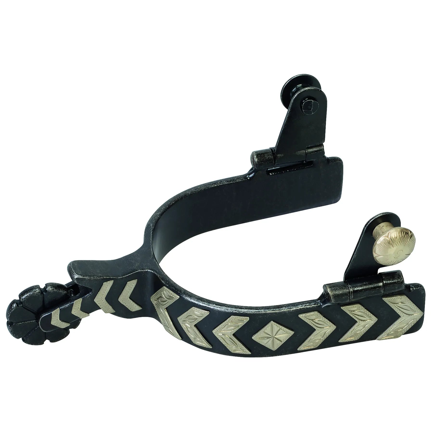 Weaver Ladies' German Silver Chevron Spurs featuring a sleek black steel finish with hand-engraved German silver chevron and diamond overlays. Designed for a balanced fit, these elegant western riding spurs include a small flower rowel and swinging buttons for easy strap attachment. A stylish and functional addition to any cowgirl's horseback riding gear, perfect for daily training or the show ring.
