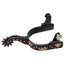 Weaver Ladies' Spur featuring a dark antique finish band accented with German silver floral engravings and raised copper dots. This Western equestrian accessory includes a 10-point rowel and curved shank for precise cues. Stylish and durable, these decorative horse spurs are perfect for cowgirls, Western pleasure, or trail riding. Enhance your riding gear with this blend of classic craftsmanship and feminine detail.