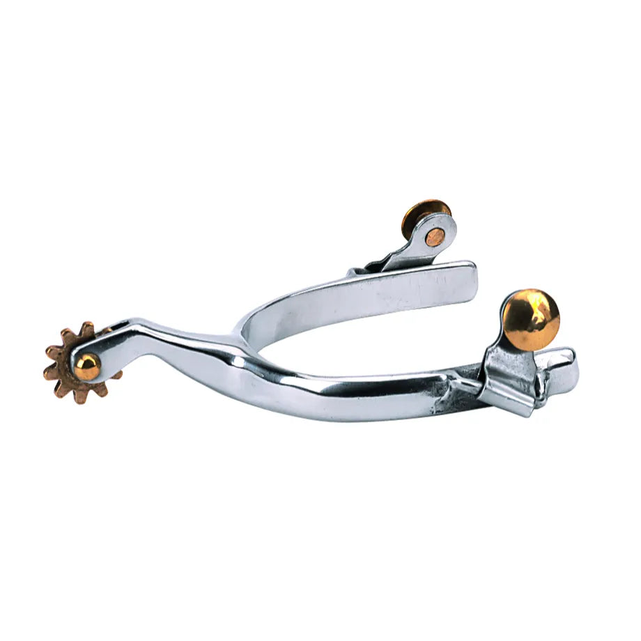 WEAVER Ladies' Stainless Steel 10pt Roping Spurs for Western riding. These high-quality equestrian spurs feature a polished silver-tone finish and a 10-point brass rowel for enhanced control and precise cues. Designed with swinging buttons for easy strap attachment, these durable horse riding accessories combine function and style for the serious rider.