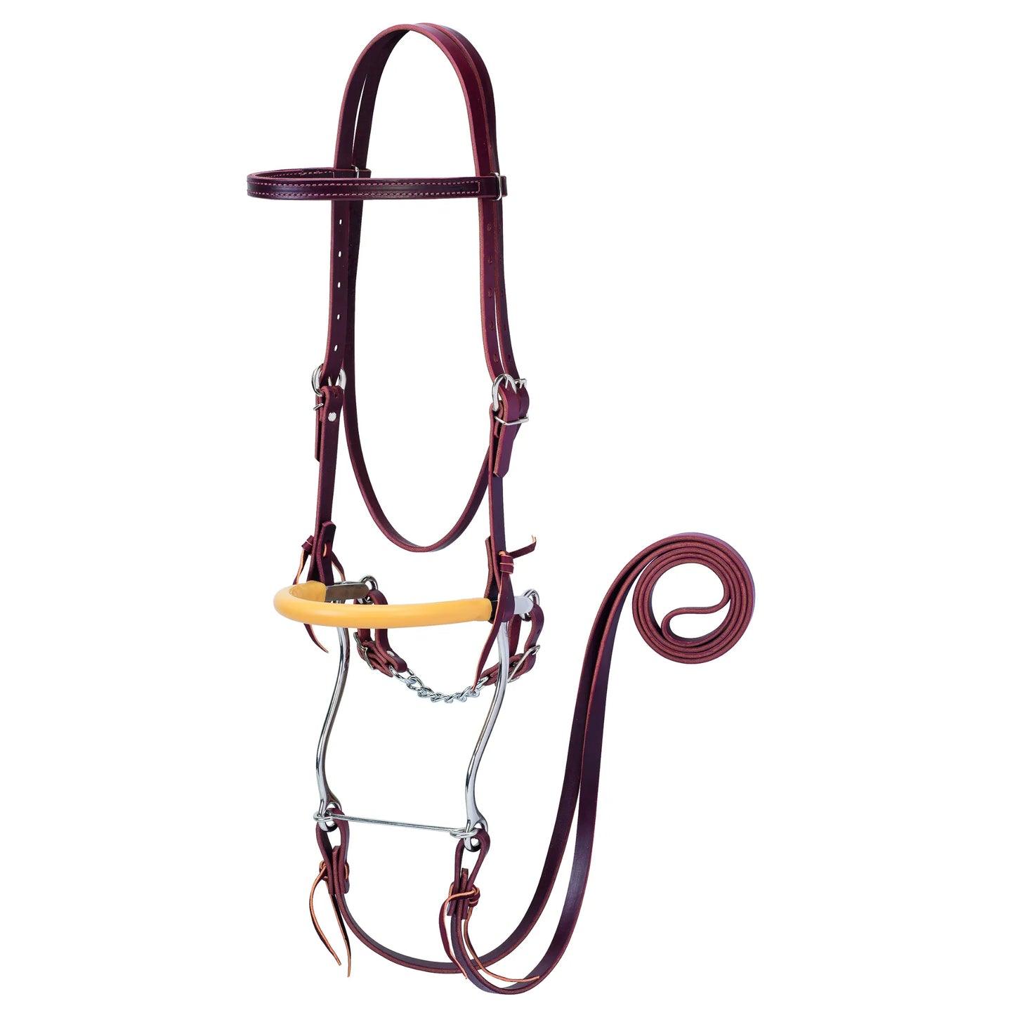 Weaver Latigo Leather Hackamore Bridle for premium horse training. This bitless horse bridle features deep burgundy latigo leather, an adjustable browband headstall, and long matching split reins. The setup includes a comfortable yellow padded noseband, stainless steel shanks, and a curb chain for effective control and communication. Durable and stylish, it’s an essential piece of equestrian tack for riders seeking a high-quality bitless alternative for their horse.