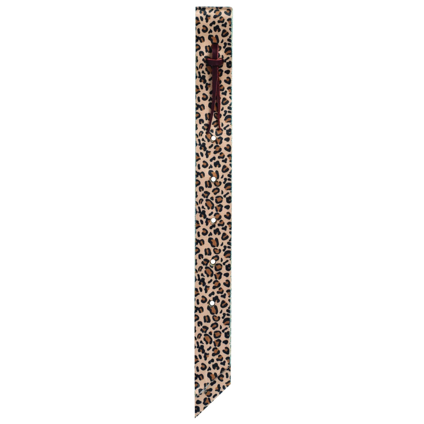 Weaver Leather 1-3/4" X 39" Leopard Patterned Poly Off Billet featuring a stylish animal print on durable polyester webbing. This Western saddle accessory includes pre-punched holes for easy adjustment and a burgundy leather tie strap for secure fastening. Perfect for adding a bold look to your horse tack collection.