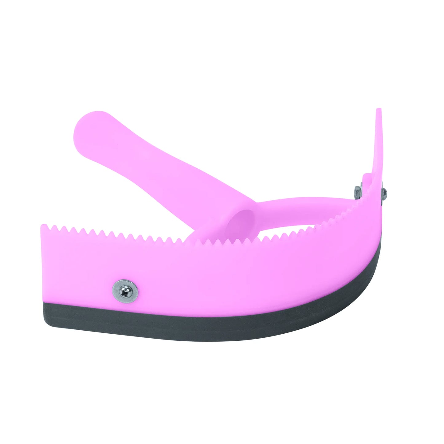 Pink Weaver Leather 2-in-1 Sweat Scraper and Curry Comb, a versatile horse grooming tool featuring a serrated edge for deep cleaning and a black rubber squeegee blade for efficient sweat and water removal. This ergonomic, curved grooming essential is designed for comfort and ease of use, making it a perfect addition to any equine grooming kit.