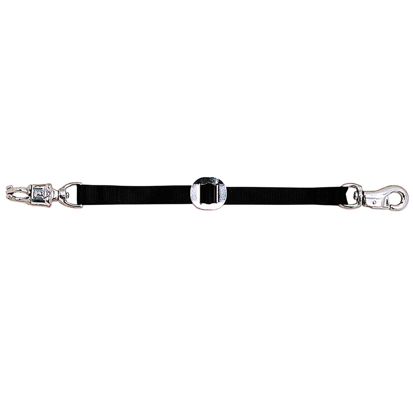 Weaver Leather 28" Black Nylon Horse Trailer Tie with Panic Snap. This essential horse safety equipment features a quick-release panic snap, a durable swivel bolt snap, and an adjustable circular metal slider for custom length. High-quality chrome-plated hardware and heavy-duty black nylon webbing make it ideal for secure cross-tying or horse trailer use.