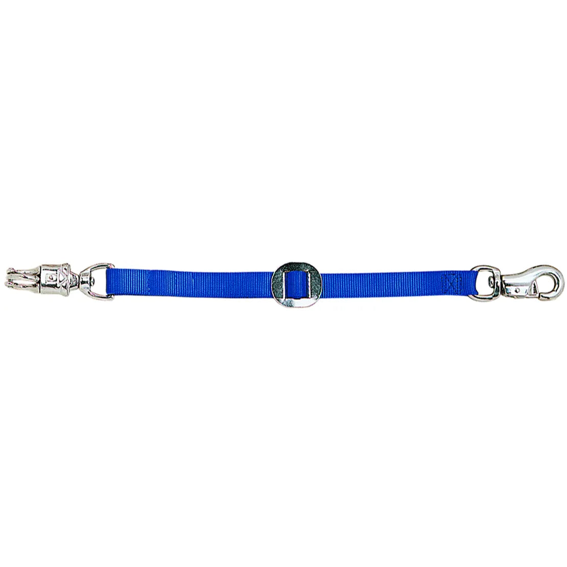 Weaver Leather 28-inch royal blue nylon trailer tie featuring a quick-release panic snap for horse safety. This durable equestrian accessory includes a nickel-plated bolt snap and an adjustable slide for a customizable fit. Ideal for secure horse transport in trailers or stable use as cross ties, providing peace of mind with heavy-duty webbing and reliable hardware.