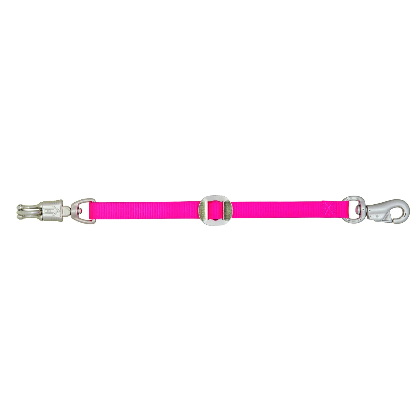 Weaver Leather 28-inch Nylon Trailer Tie in vibrant pink featuring a quick-release panic snap for horse safety and a heavy-duty swivel bolt snap. Designed for secure use in horse trailers or stalls, this durable equestrian accessory combines reliability with high-visibility style. Perfect for horse owners looking for functional and colorful trailer gear.