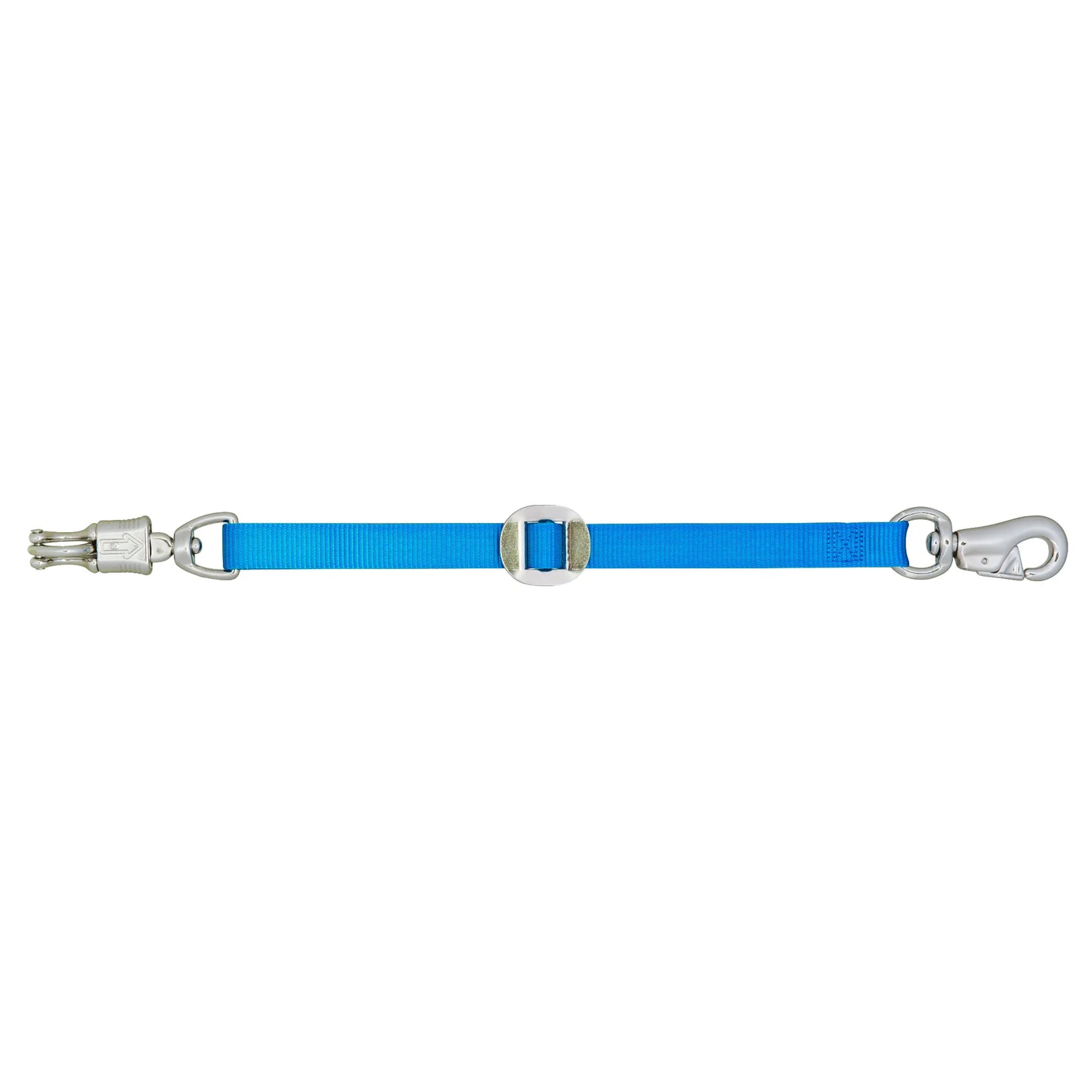 Weaver Leather 28" Blue Nylon Trailer Tie with Horse Safety Panic Snap. This adjustable horse trailer lead features a quick-release panic snap and a sturdy bolt snap, providing essential safety and convenience for horse transport. Made from durable blue nylon webbing with a nickel-plated slide for custom length adjustment, it’s a must-have piece of equestrian equipment for travel and grooming.