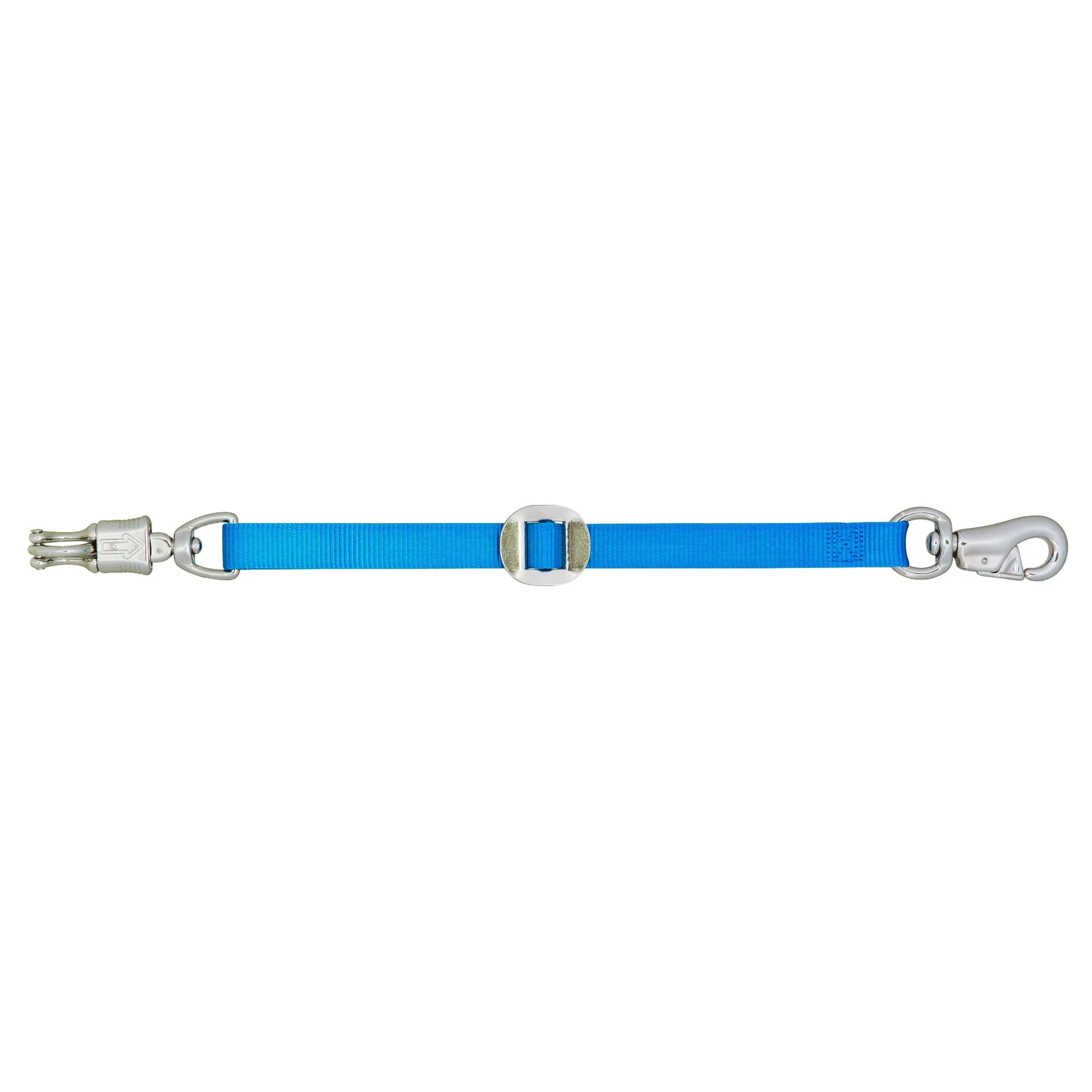 Weaver Leather 28" Blue Nylon Trailer Tie with Horse Safety Panic Snap. This adjustable horse trailer lead features a quick-release panic snap and a sturdy bolt snap, providing essential safety and convenience for horse transport. Made from durable blue nylon webbing with a nickel-plated slide for custom length adjustment, it’s a must-have piece of equestrian equipment for travel and grooming.