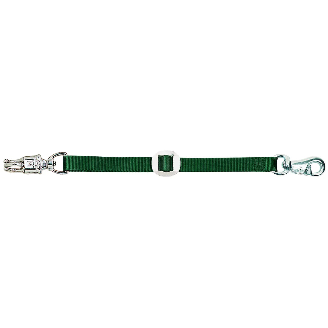Weaver Leather 28" nylon trailer tie in hunter green, designed for horse safety and secure transport. This heavy-duty strap features a quick-release panic snap on one end, a swivel bolt snap on the other, and a sliding metal adjustment ring. Ideal equestrian accessory for securing horses in trailers or barn cross-ties, combining durable nylon webbing with high-quality hardware for reliable use during travel or grooming.