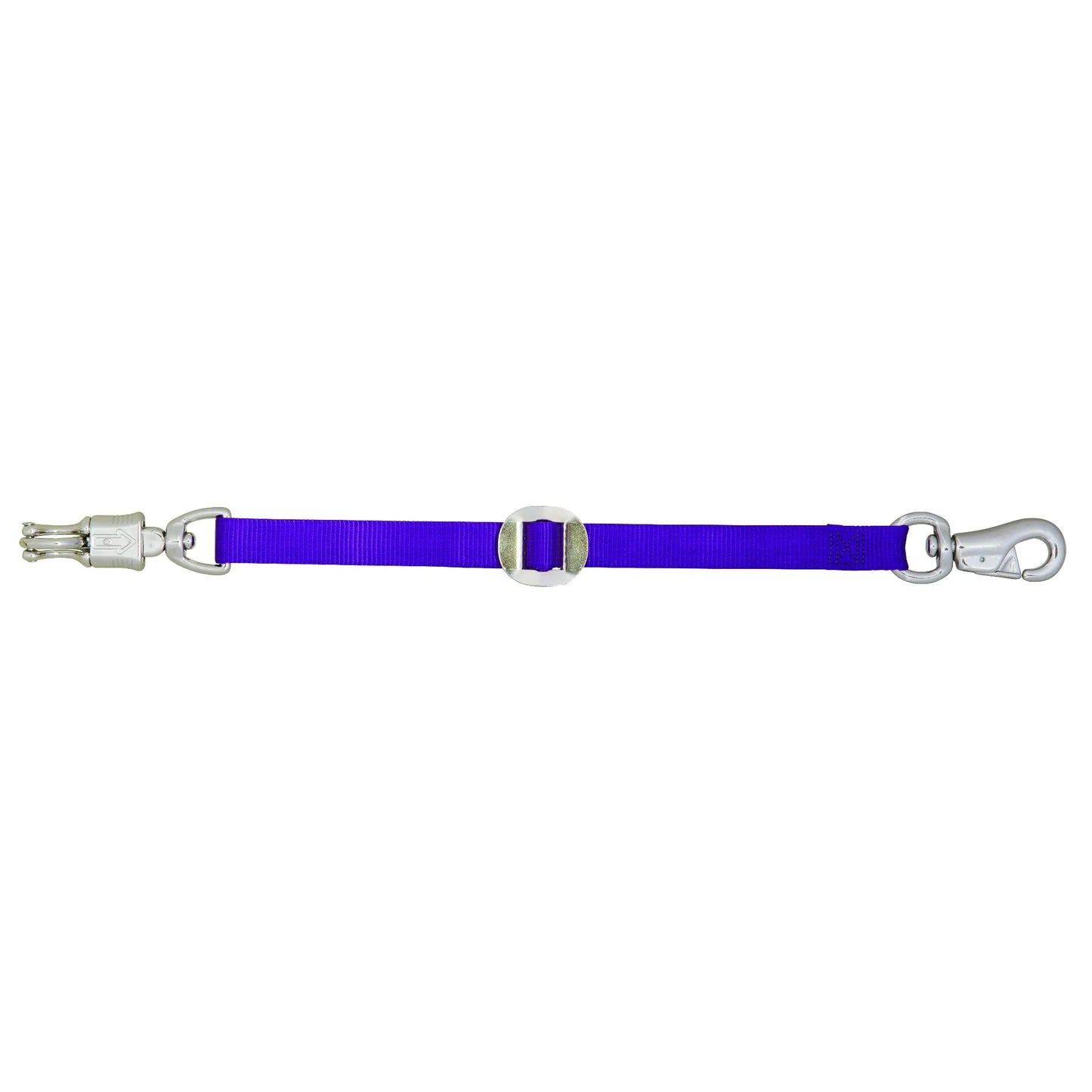 Weaver Leather 28" purple nylon trailer tie for horse safety. This adjustable equestrian strap features a silver quick-release panic snap on one end and a heavy-duty bull snap on the other. Ideal for securing horses during travel or grooming, the vibrant purple webbing and durable metal hardware provide reliability and peace of mind. Perfect for horse trailer accessories and stable management.
