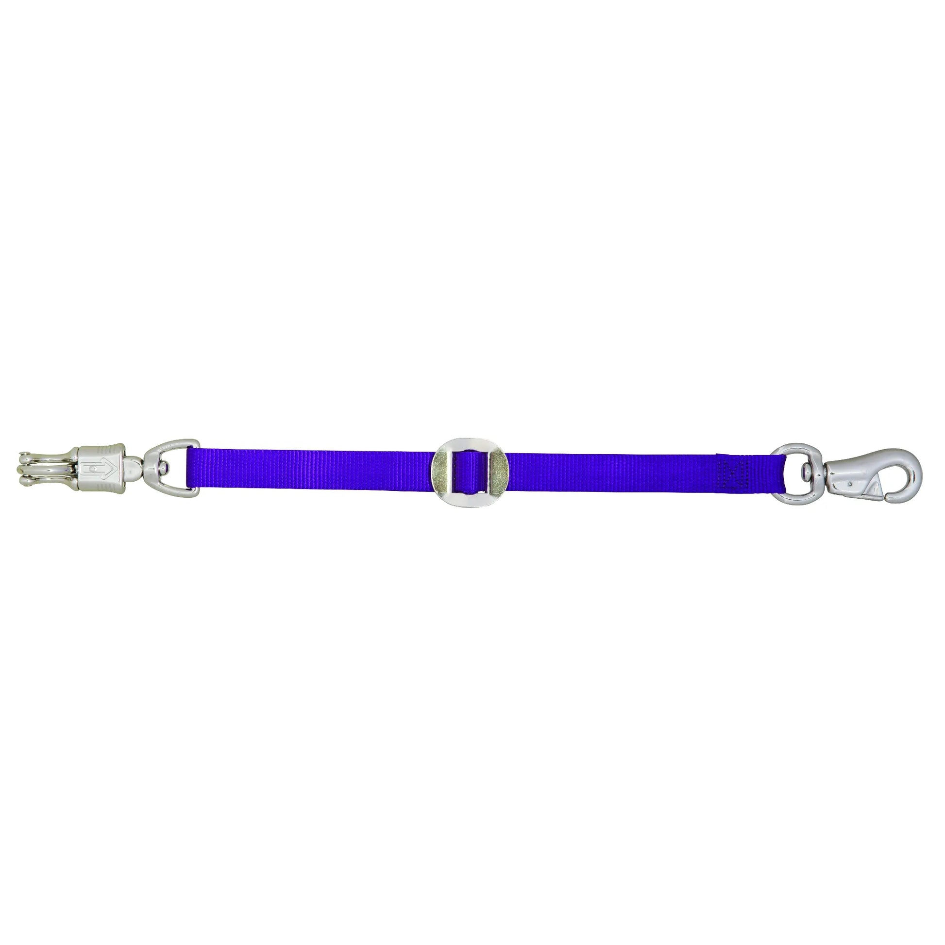 Weaver Leather 28" purple nylon trailer tie for horse safety. This adjustable equestrian strap features a silver quick-release panic snap on one end and a heavy-duty bull snap on the other. Ideal for securing horses during travel or grooming, the vibrant purple webbing and durable metal hardware provide reliability and peace of mind. Perfect for horse trailer accessories and stable management.