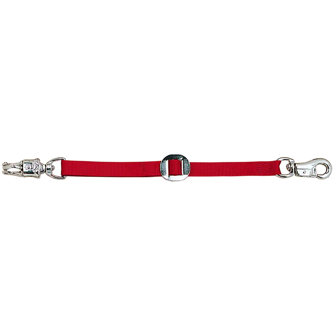 Weaver Leather 28-inch red nylon trailer tie designed for horse safety and security. This durable equine lead features a quick-release panic snap on one end and a heavy-duty swivel trigger snap on the other. The vibrant red webbing includes a central metal adjustment slider. Perfect for use in horse trailers, cross ties, or grooming stalls, ensuring a reliable and safe connection for your horse.