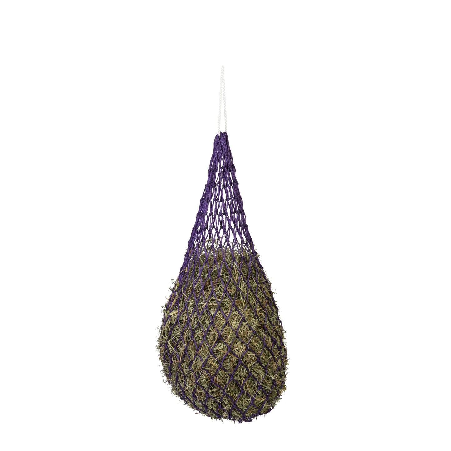 A purple Weaver Leather 36-inch slow feed hay net filled with fresh hay, suspended from a white rope against a clean white background. This equestrian hay bag features a small mesh design to promote slower consumption, reducing waste and improving digestion for horses. A durable and practical solution for stall or trailer feeding to manage horse forage intake effectively.
