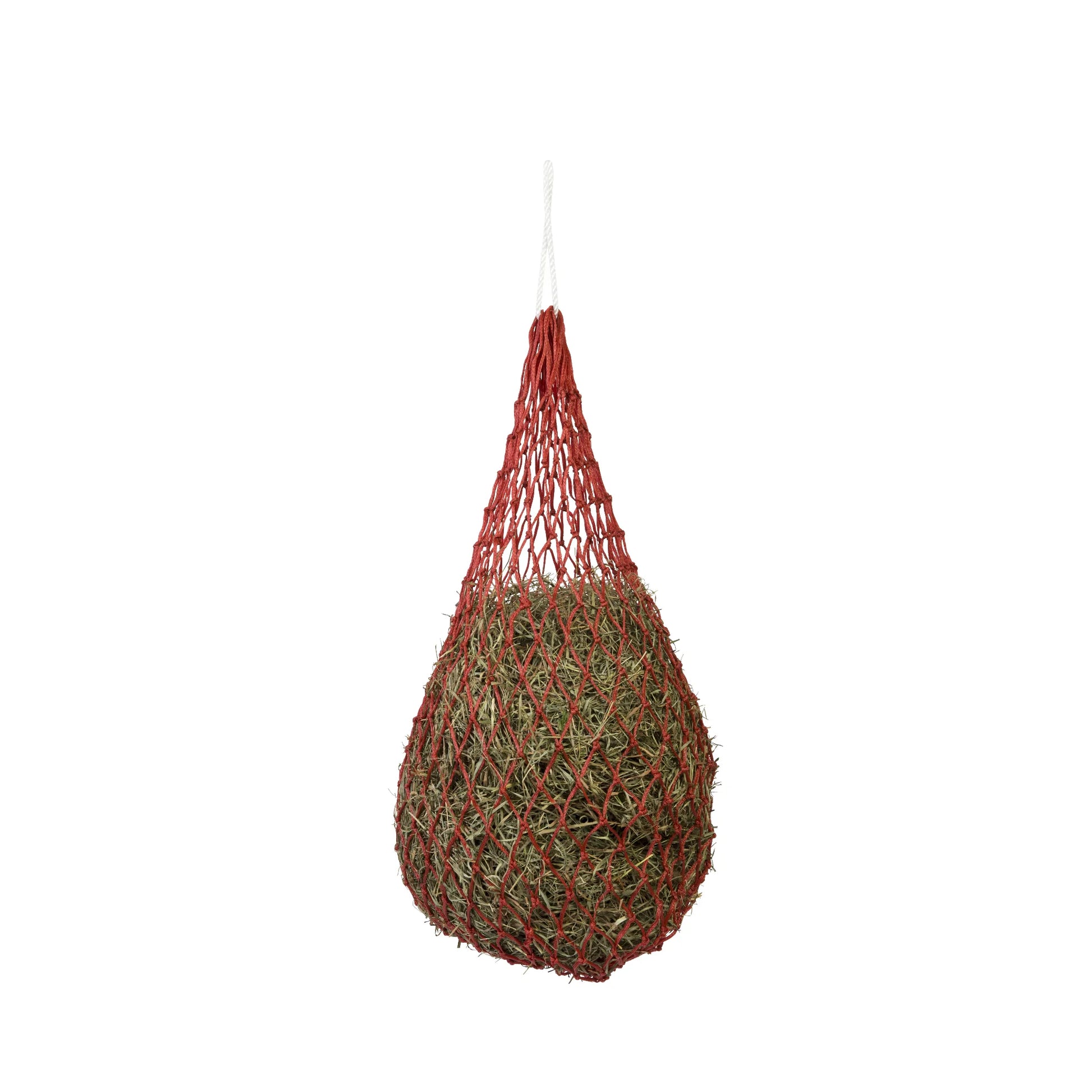 Weaver Leather 36" Slow Feed Hay Net in red, filled with green hay. This mesh slow feeder is designed to reduce waste and improve equine digestion by encouraging slower eating. A durable and essential horse stable accessory for maintaining healthy feeding habits in stalls or trailers.