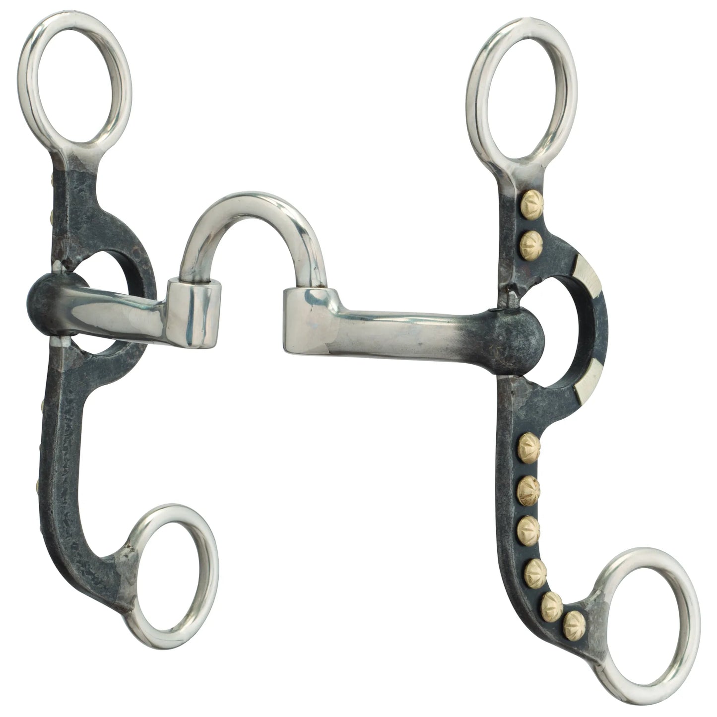 Weaver Leather 4 5/8" Correction Mouth Pony Bit featuring darkened sweet iron shanks adorned with decorative brass studs and stainless steel accents. This high-quality western bit has a jointed high-port correction mouthpiece designed for refined communication. Polished stainless steel cheek and rein rings provide durability and a clean look. Perfect horse tack for training or showing ponies with a classic professional western aesthetic.